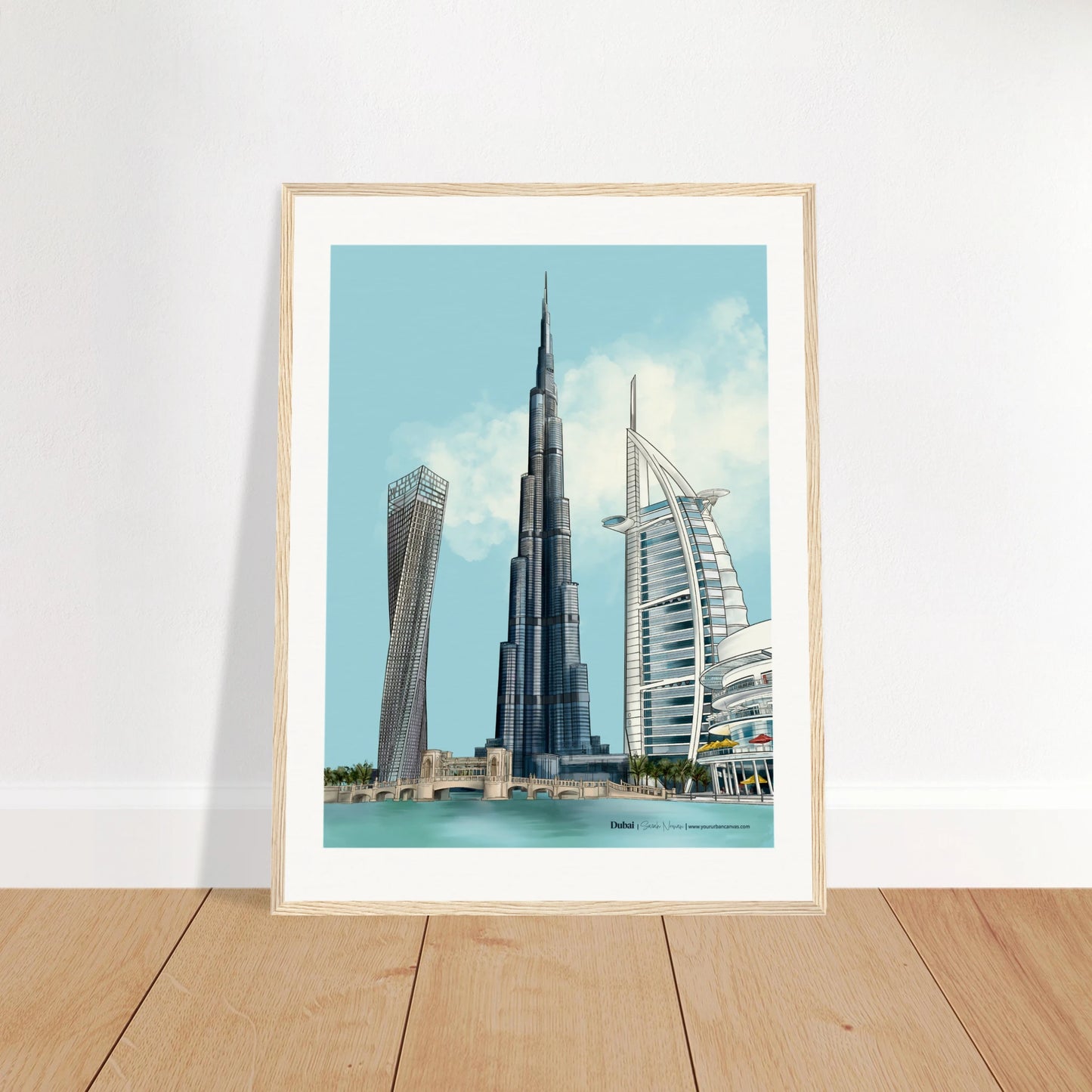 Dubai - Subtle Typography city print, 45x60cm with natural wood frame - featuring Burj Khalifa, Burj Al Arab, Cayan Tower, and Dubai Mall. Warm framing complements the subtle elegance of Dubai's skyline.