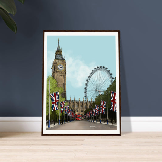 An elegantly understated depiction of London's iconic landmarks - Big Ben, Westminster, London Eye and London red bus - blending history and modernity