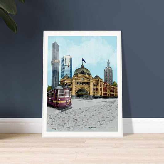 A vibrant and visually valuable piece of wall art of Melbourne's landmarks like Flinders Street Station, Eureka Tower, and the City Circle Tram. Perfect for your home decor.