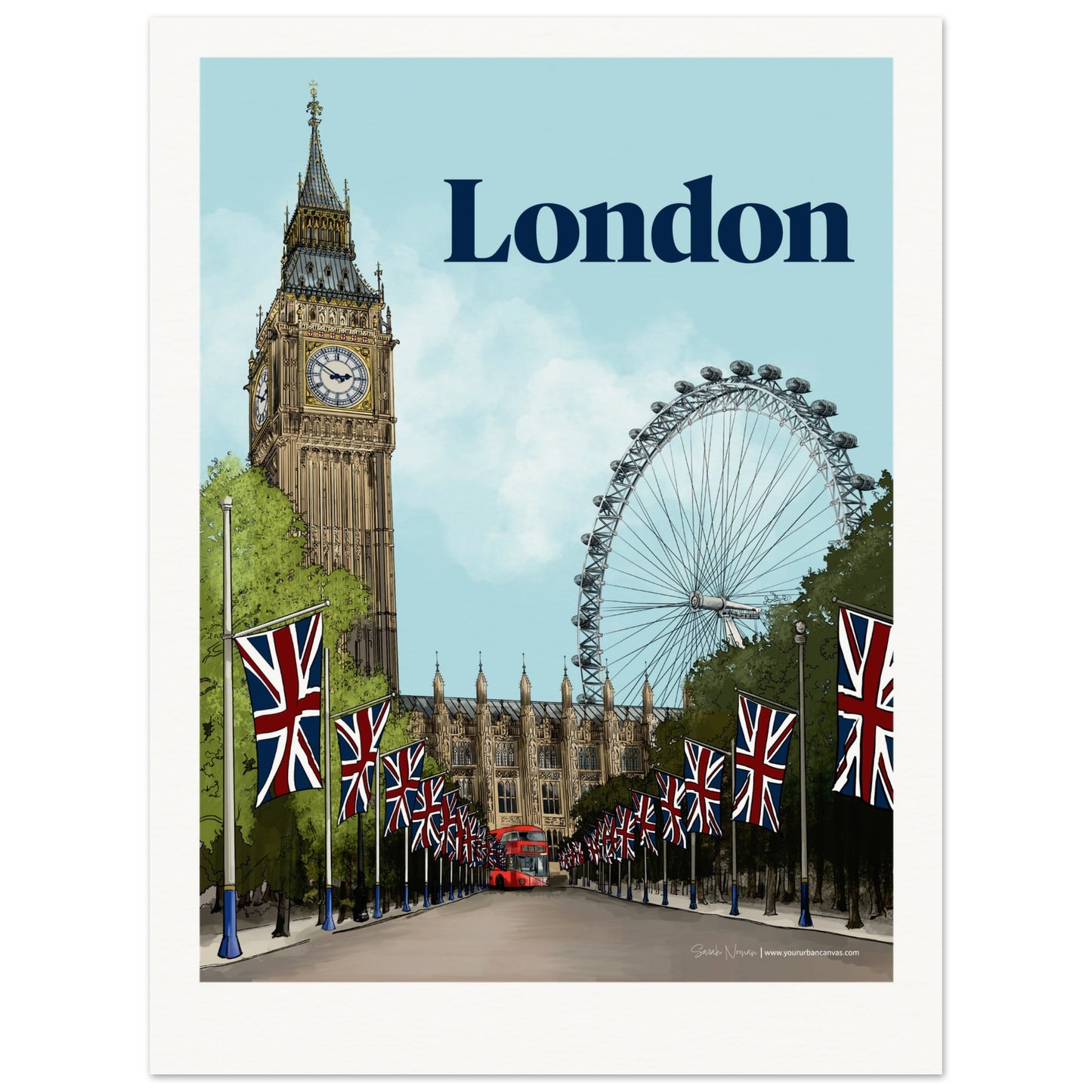London - Personalised Bold Typography print,  featuring Big Ben, The Mall, and the London Eye, customized with your chosen name or message.
