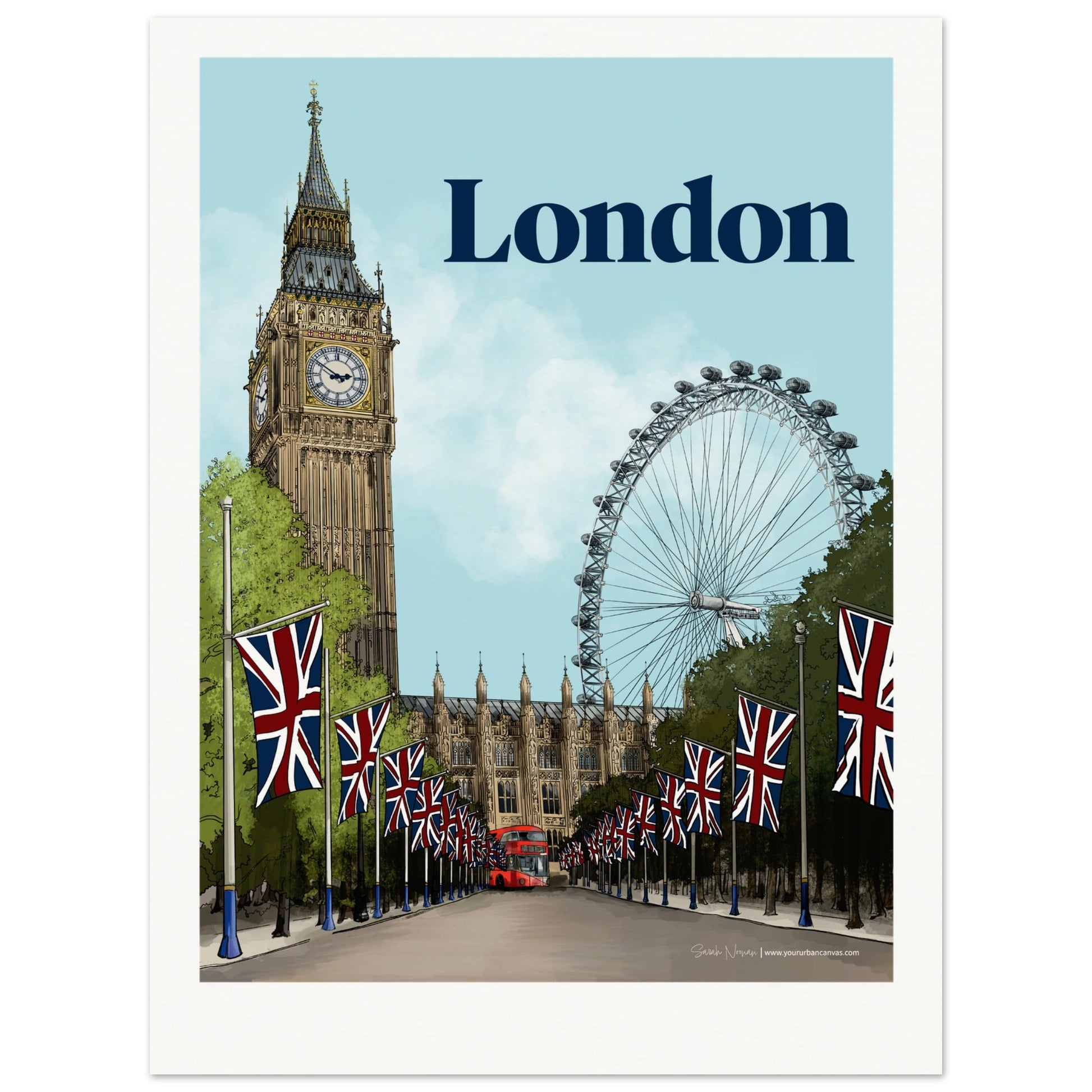 London - Personalised Bold Typography print,  featuring Big Ben, The Mall, and the London Eye, customized with your chosen name or message.