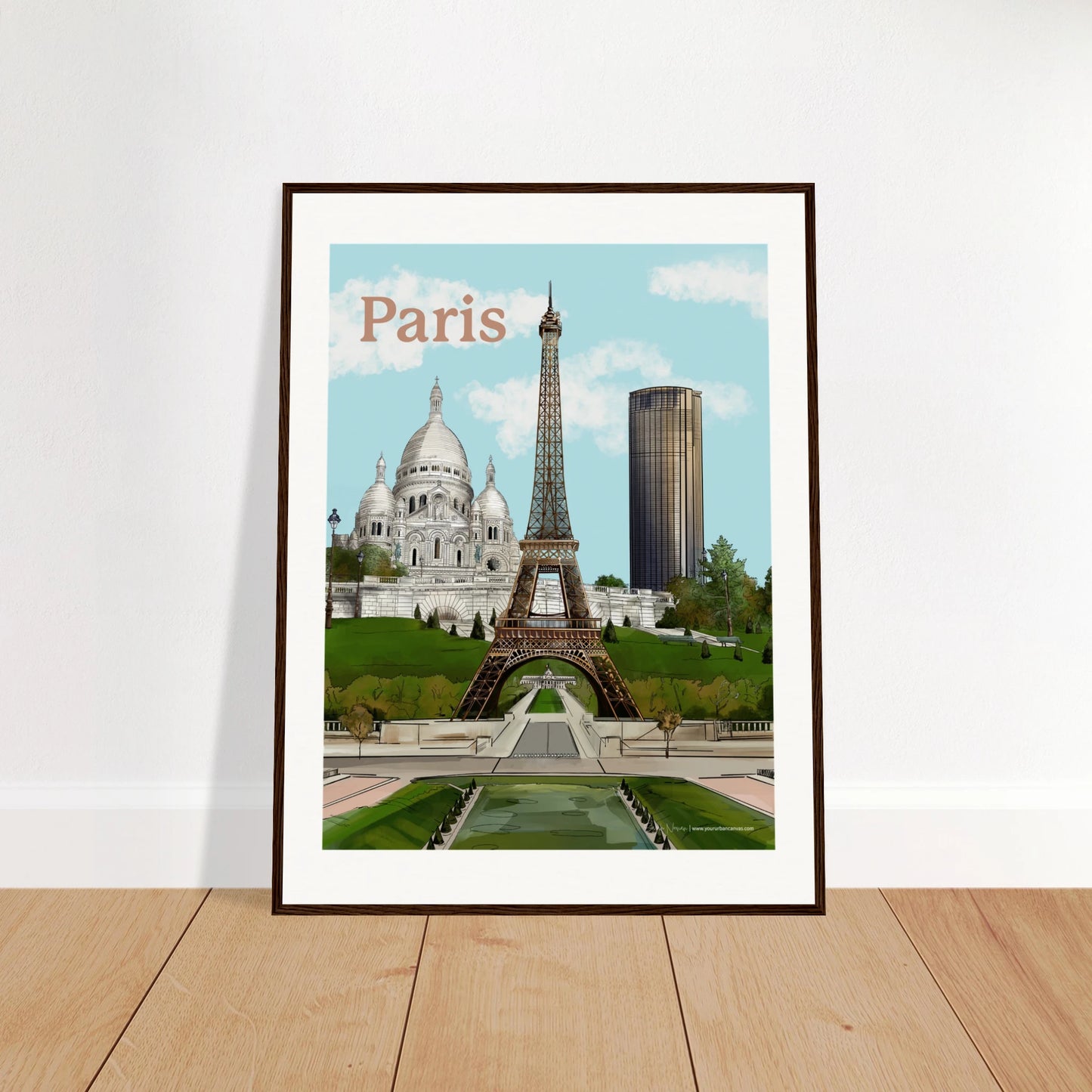 Paris - Bold Typography city print, 60x80cm, with dark wood frame - featuring the Eiffel Tower,  Sacre-Coeur, and Tour Montparnasse with surrounding green lawns in front of the Ecole Militaire. A sophisticated wall art piece that combines iconic landmarks with classic framing