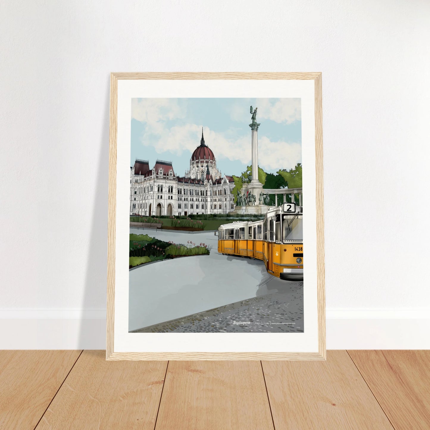 Budapest - Subtle Title print, size 30x40cm, framed in wood, capturing the vibrant cityscape of Budapest, including the Parliament, Heroes' Square, and the yellow tram on cobbled streets.