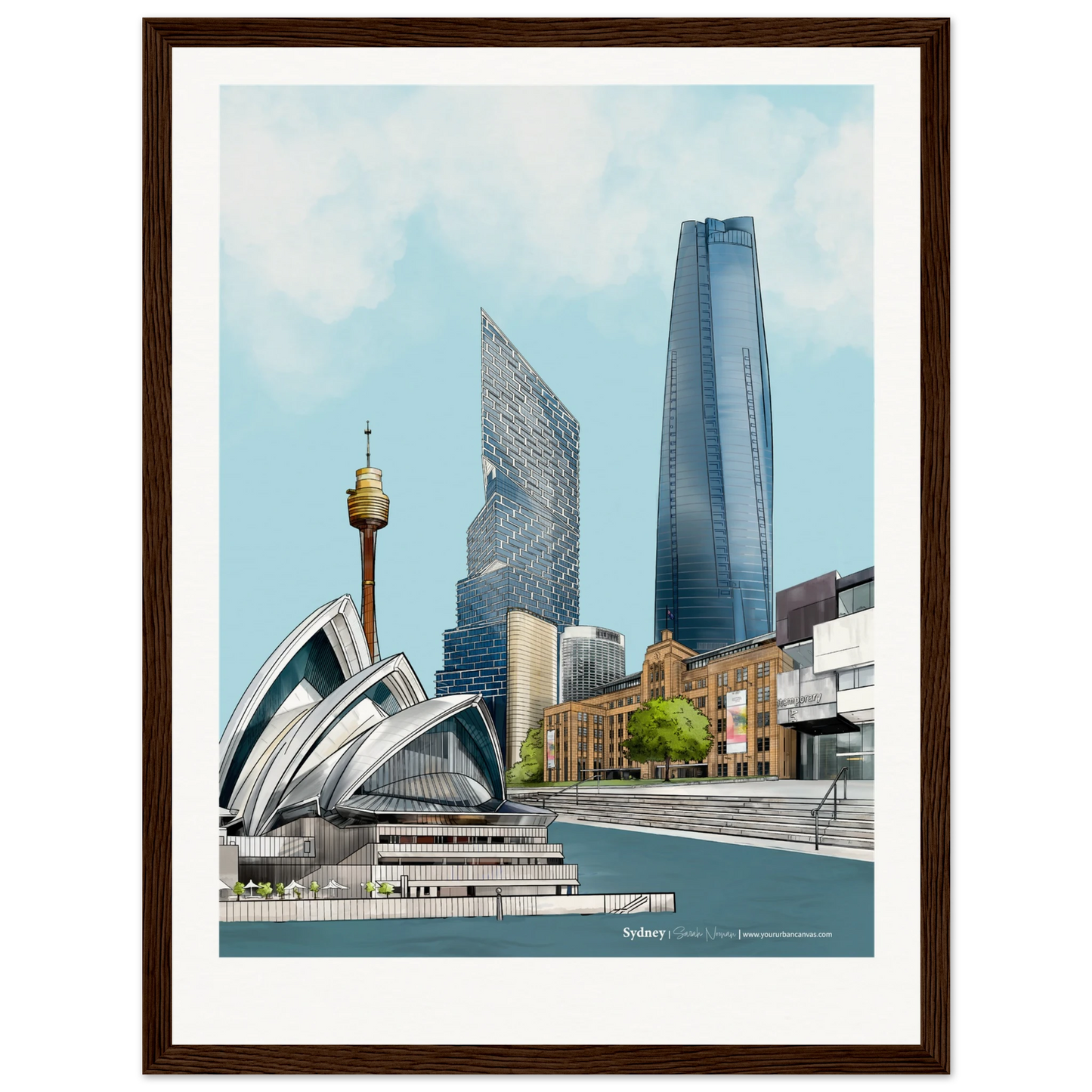 Sydney - Add a message to your 30x40cm painting of Sydney Landmarks, framed in dark wood, showcasing the architectural beauty of the Sydney Opera House and Sydney Harbour, with the Sydney Tower Eye in the distance.