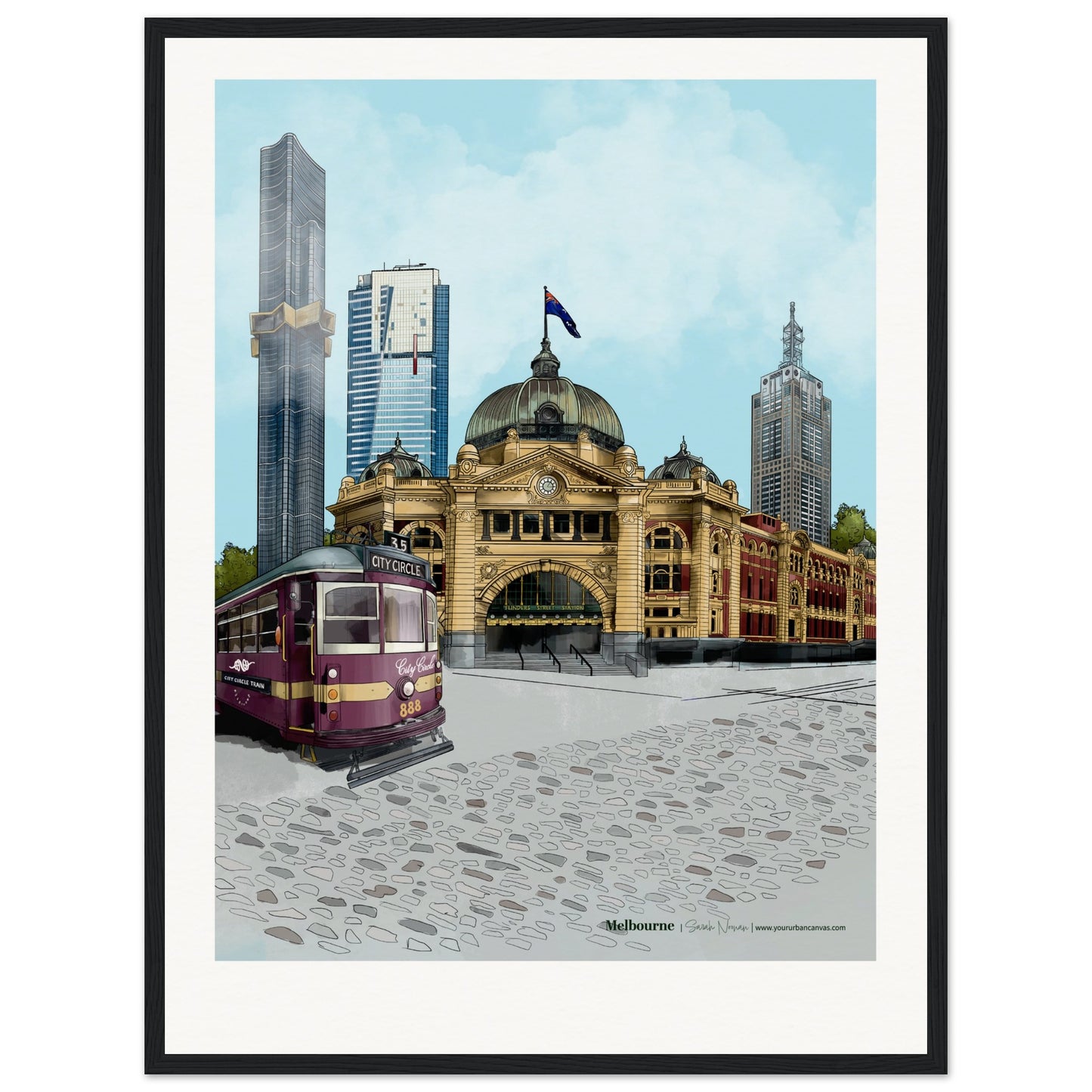 Melbourne - Personalised Subtle Title print, size 45x60cm, framed in black, emphasising the bold contrasts of the city skyline, tailored to your preference.