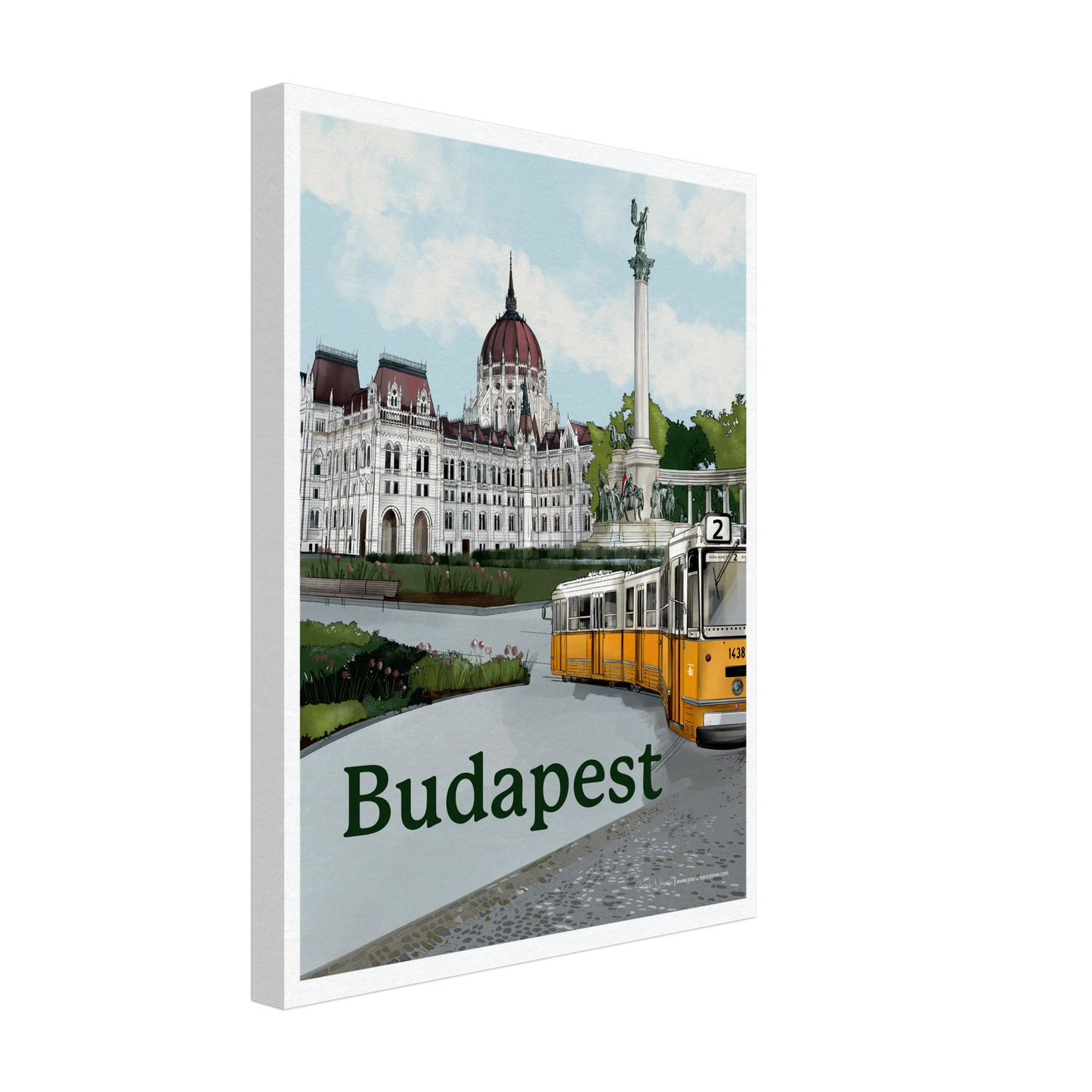 Budapest - Bold Typography on canvas, size 30x40cm, blending bold typography with elements of the Parliament Building, iconic yellow tram and Heroe's Square.
