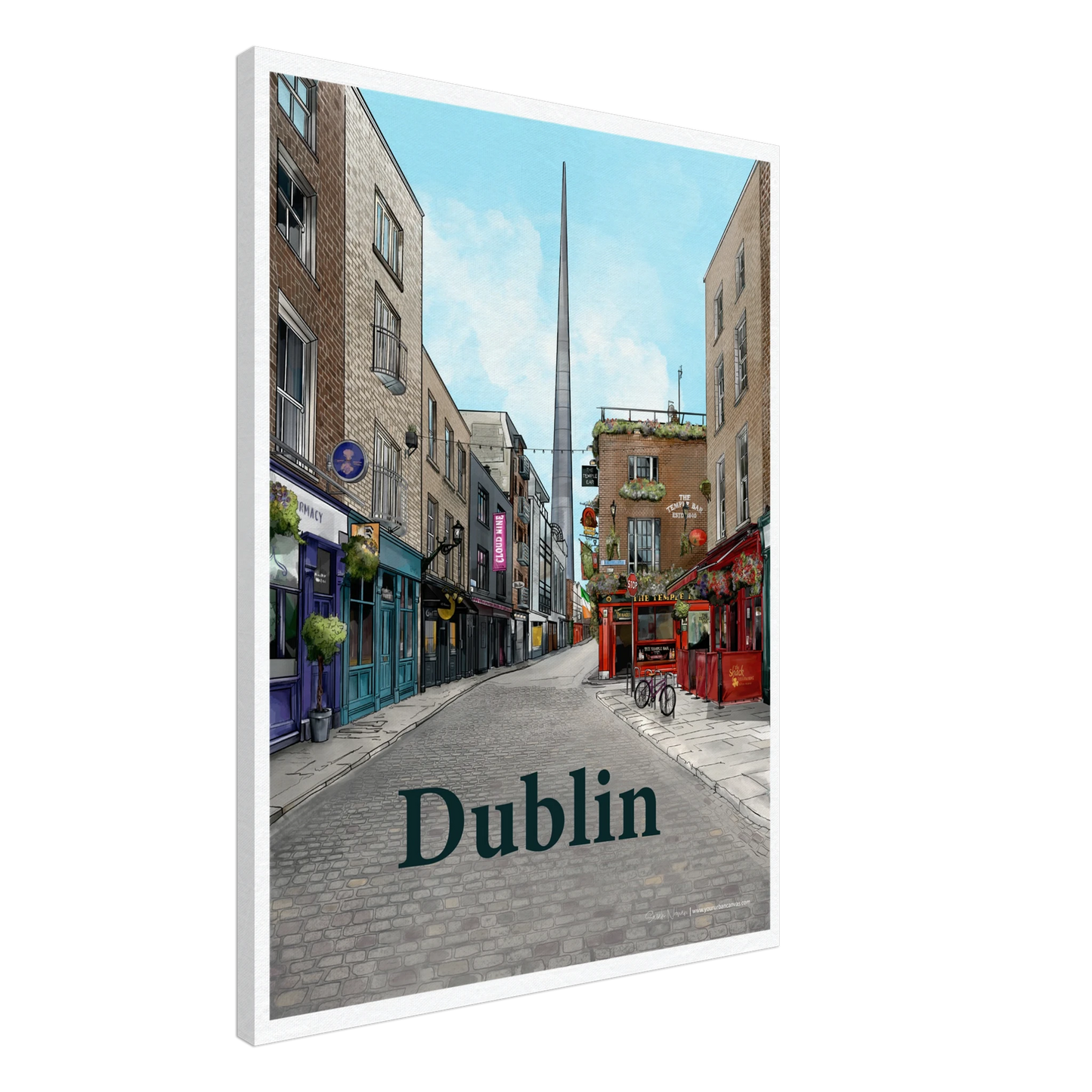 Dublin - Bold Typography on canvas, size 60x80cm, depicting Temple Bar's vibrant cobbled streets, historic shopfronts, The Temple Bar Inn, and The Spire in the background.