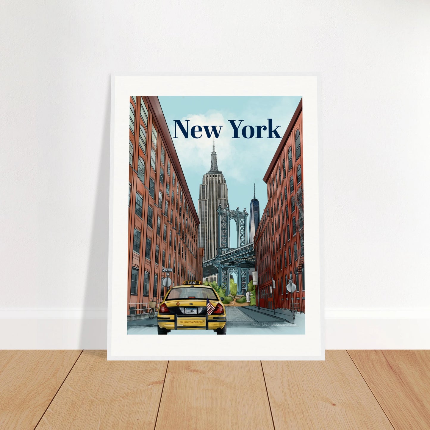 New York - Bold Typography print, size 60x80cm, framed in white wood, capturing the vibrance of NYC with the Manhattan Bridge from Dumbo, the Empire State Building, One World Trade Center, and classic city elements