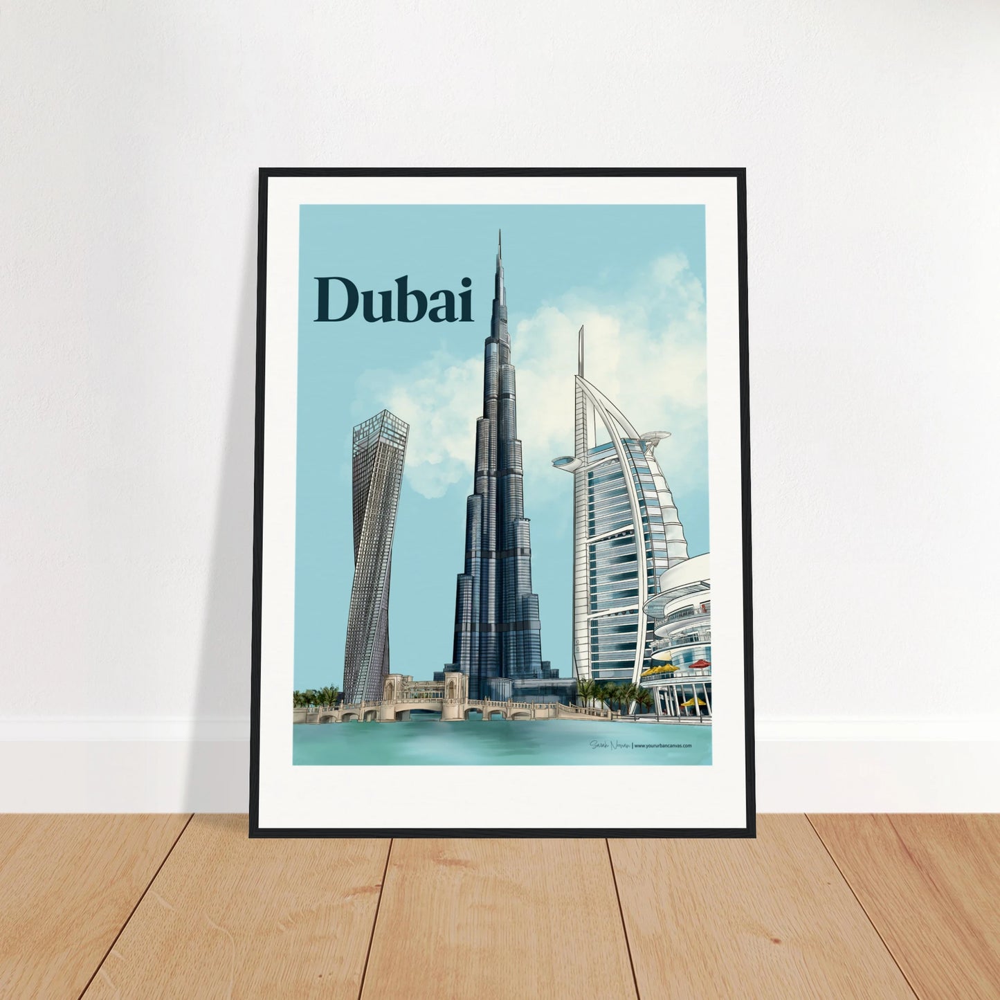 Dubai - Bold Typography city print, 60x80cm with black frame - featuring Burj Khalifa, Burj Al Arab, Cayan Tower, and Dubai Mall in bold tones, perfect for contemporary wall decor.