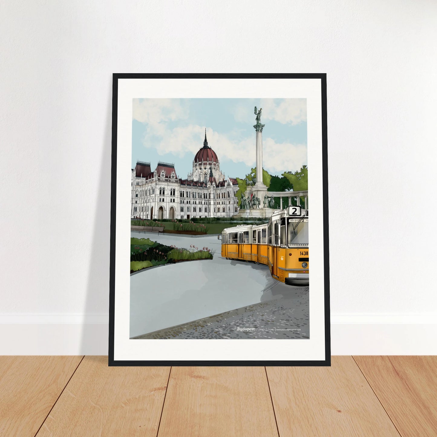 Budapest - Subtle Title print, size 45x60cm, framed in black, highlighting Budapest's landmarks, including the Parliament and the yellow tram on its famous cobbled streets.