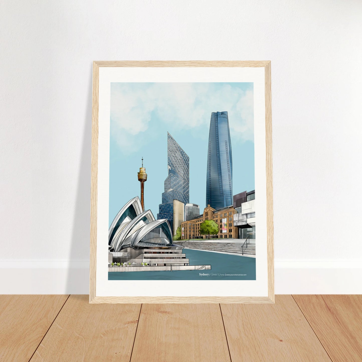 Sydney - Subtle Title print, size 30x40cm, framed in wood, featuring Sydney's stunning landmarks like the MCA, Sydney Opera House, and Sydney Harbour.