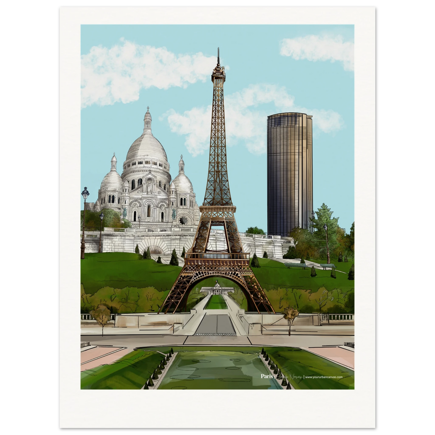 Paris - Personalise your Subtle Typography city print, capturing the gentle elegance of the Eiffel Tower, the quiet beauty of Sacre-Coeur, and the understated modernity of Tour Montparnasse. Soft tones and delicate details bring a serene Parisian charm into your home.