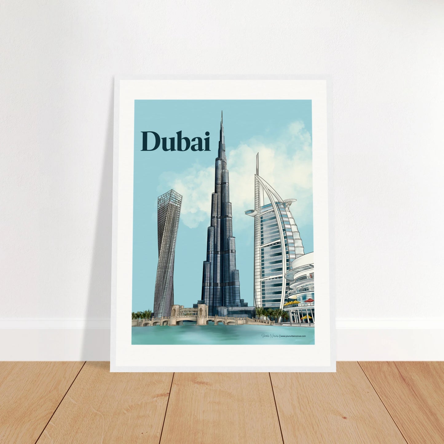 Dubai - Bold Typography city print, 45x60cm with white frame - highlighting Burj Khalifa, Burj Al Arab, Cayan Tower, and Dubai Mall with vibrant colours and architectural contrast.