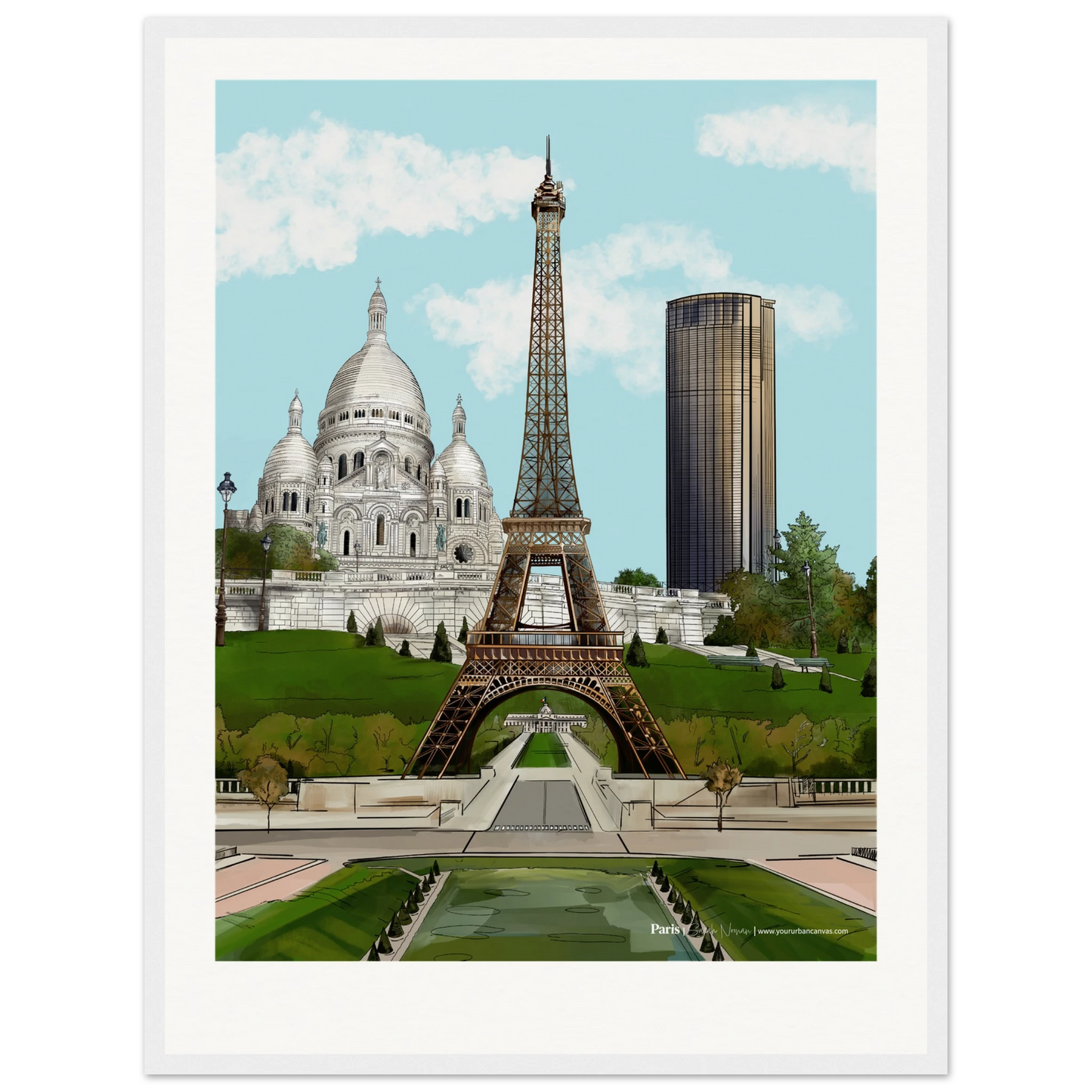 Paris - Customise your Subtle Typography city print,  45x60cm with white frame - highlighting the Eiffel Tower, Sacre-Coeur, and Tour Montparnasse in delicate shades, perfect for softening your walls with a Parisian glow.