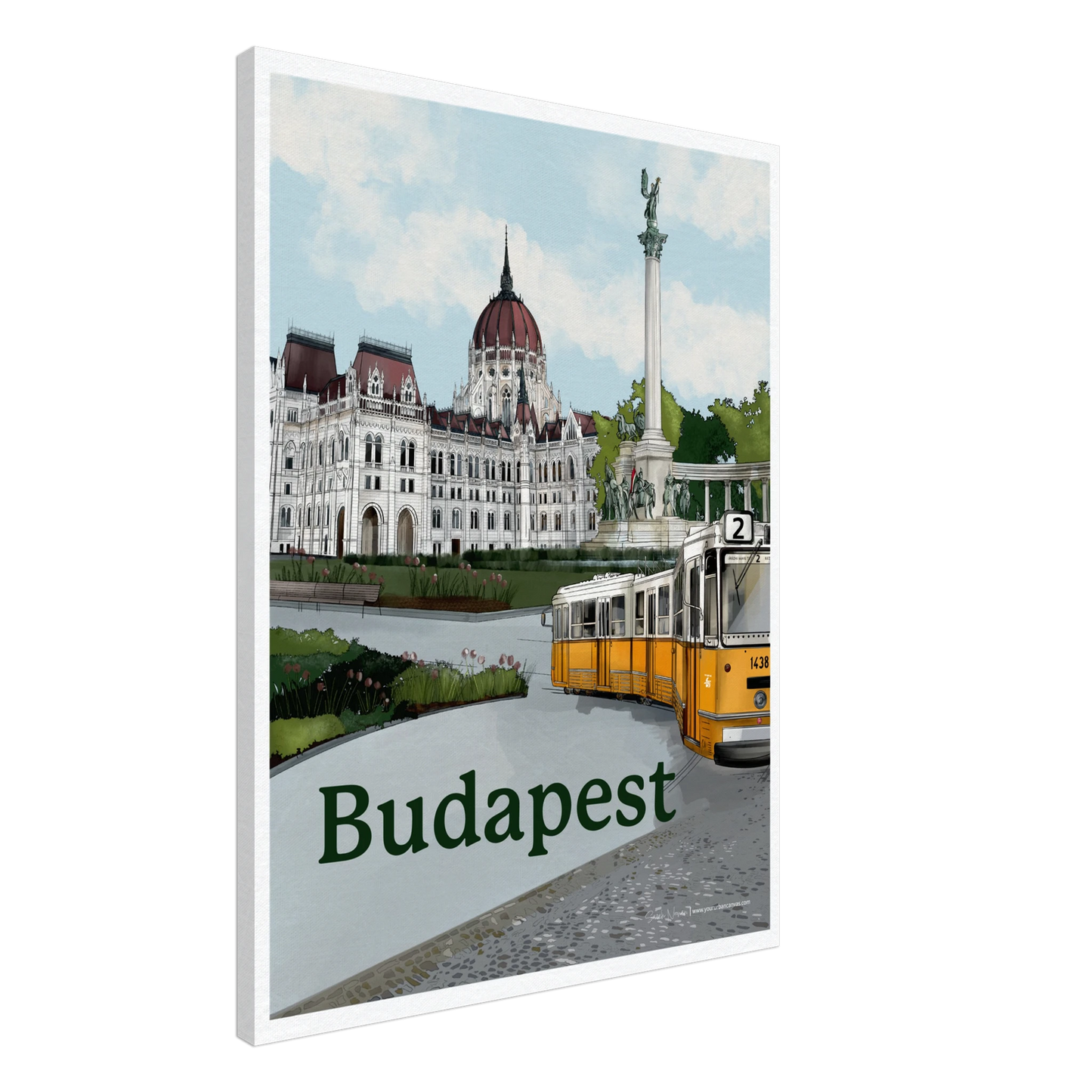 Budapest - Bold Typography on canvas, size 60x80cm, celebrating the beauty of Budapest with bold text and key landmarks, including the Parliament, Heroes' Square, and the yellow tram.