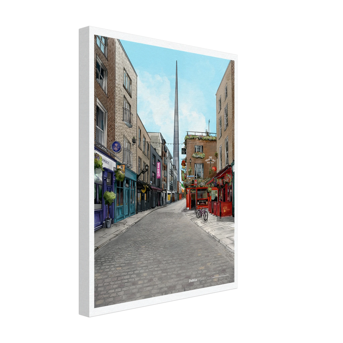 Dublin - Subtle Title print, size 30x40cm, on canvas, featuring the charming cobbled streets of Temple Bar, Temple Bar Inn, and the Spire in Dublin.