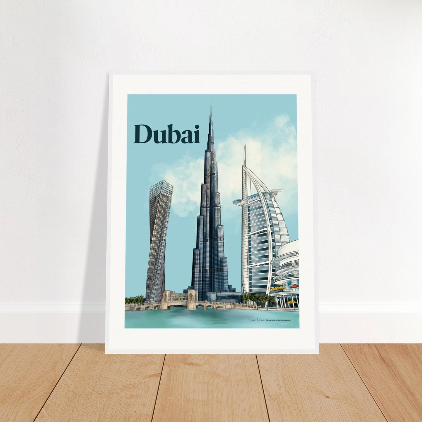 Dubai - Bold Typography city print, 60x80cm with white frame - highlighting Burj Khalifa, Burj Al Arab, Cayan Tower, and Dubai Mall with vibrant colours and architectural contrast.