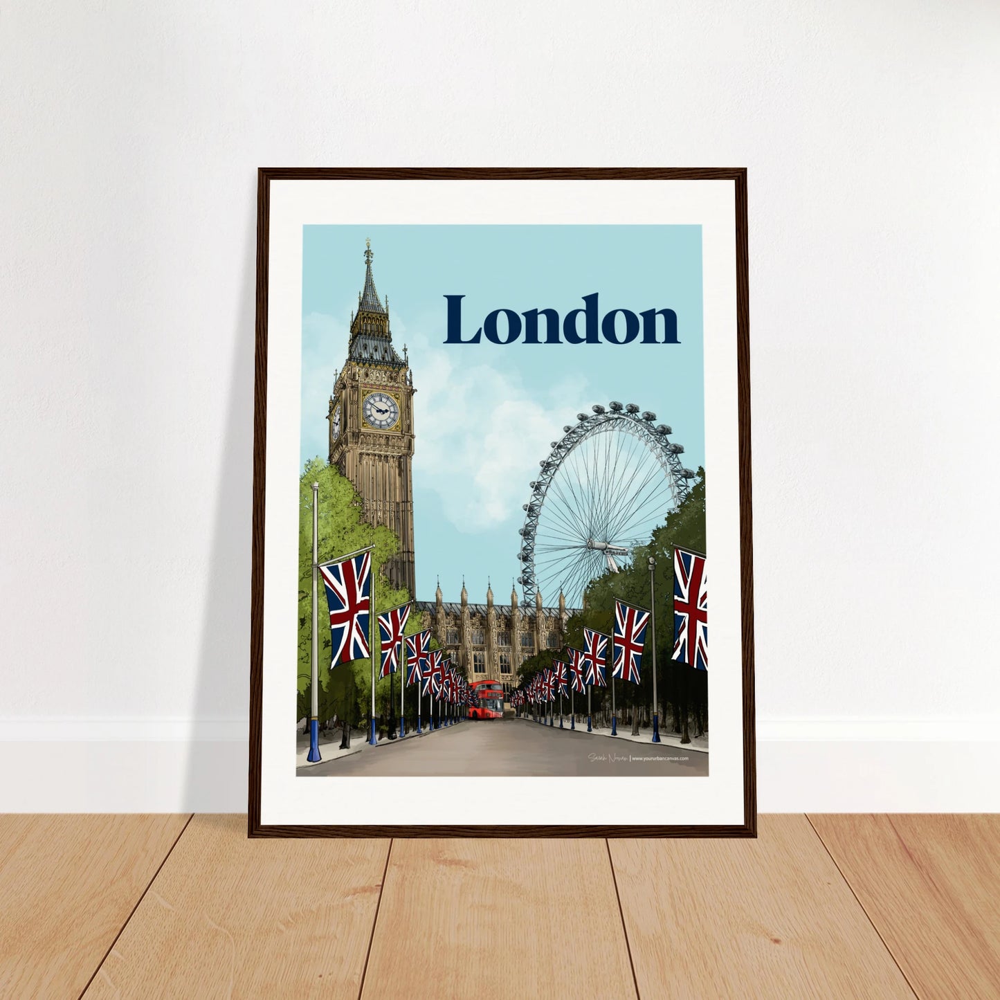 London - Bold Typography print, size 45x60cm, framed in dark wood, showcasing typography art with the London Eye and Big Ben.