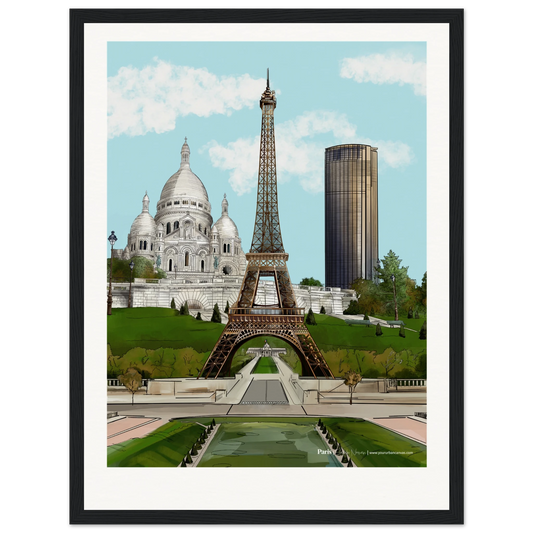 Paris - Customise your Subtle Titled city print, 30x40cm with black frame - capturing the subtle beauty of Paris landmarks: Eiffel Tower, Sacre-Coeur, and Tour Montparnasse, offering a modern yet serene cityscape for your space.