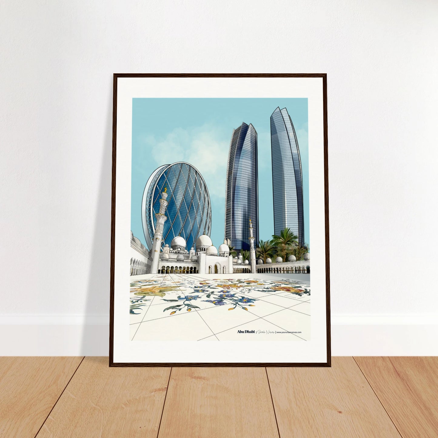 Abu Dhabi - Elegant Subtle Typography city print, 60x80cm   with dark wood frame  - Discover Abu Dhabi through subtle yet striking city prints, capturing the elegance of Sheikh Zayed Mosque, the futuristic curves of Aldar HQ, and the towering presence of the Etihad Towers.