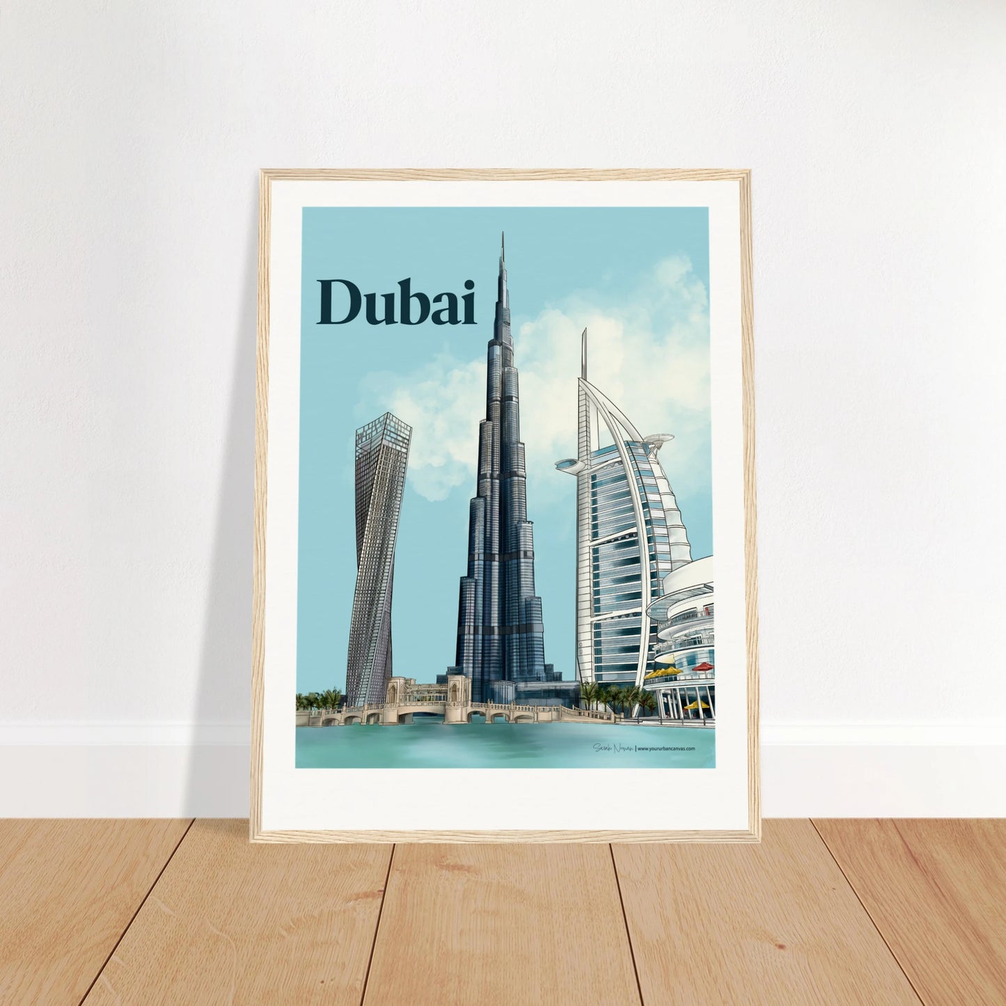 Dubai - Bold Typography city print, 45x60cm with natural wood frame - vibrant depiction of Burj Khalifa, Burj Al Arab, Cayan Tower, and Dubai Mall. Adds warmth and bold elegance to any wall.