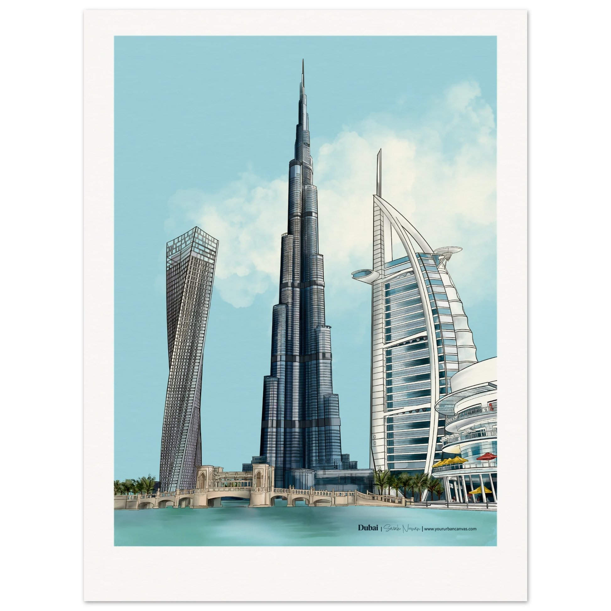 Personalised Dubai subtle typography city print, 60x80cm - a refined, softly toned illustration of the Burj Khalifa, Burj Al Arab, Cayan Tower, and Dubai Mall, completed with personalised text to commemorate a special connection to Dubai