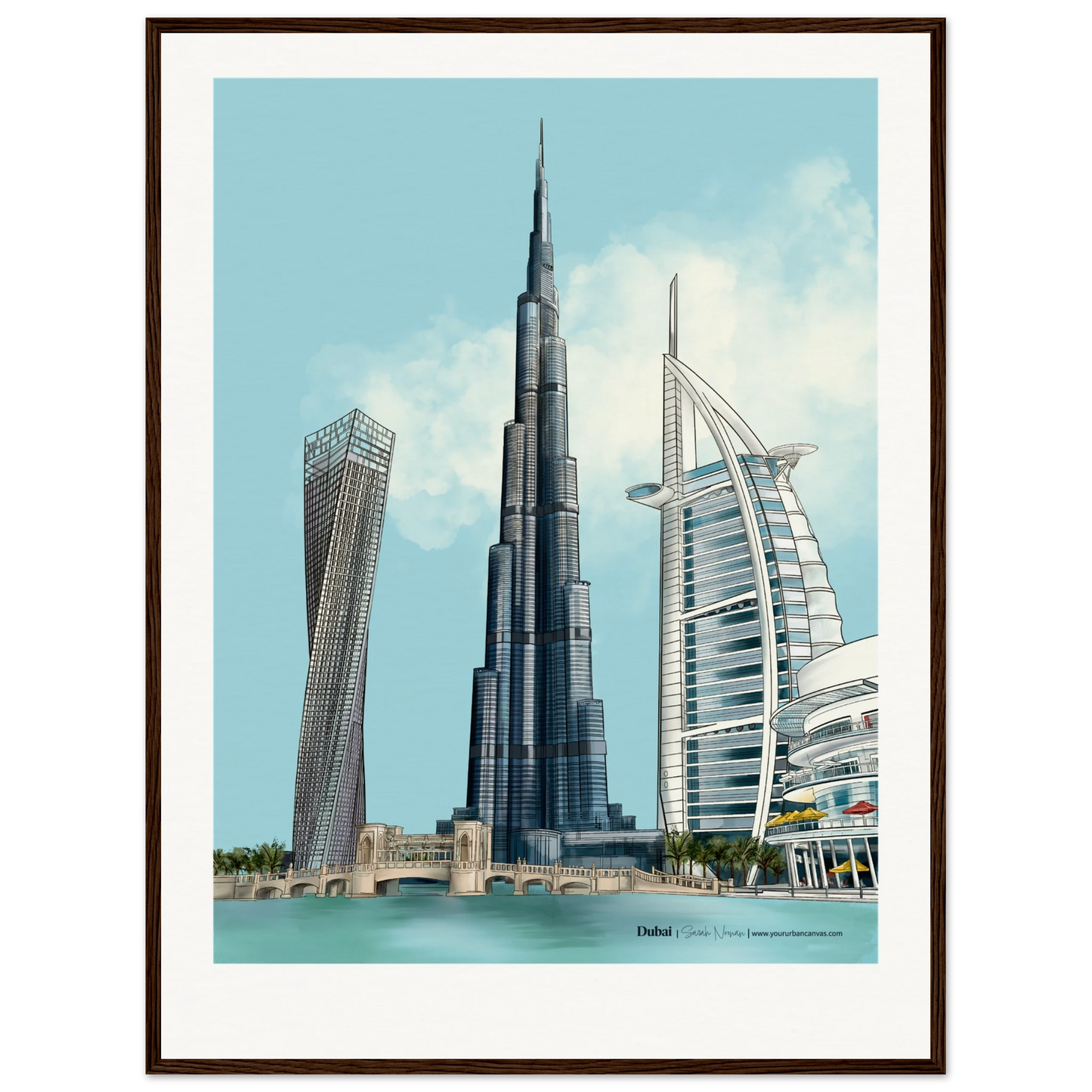 Personalised Dubai subtle typography city print, 60x80cm with dark wood frame - gentle architectural detailing of Dubai's skyline, including Burj Khalifa and Burj Al Arab, paired with custom wording for a timeless, elegant wall art piece.