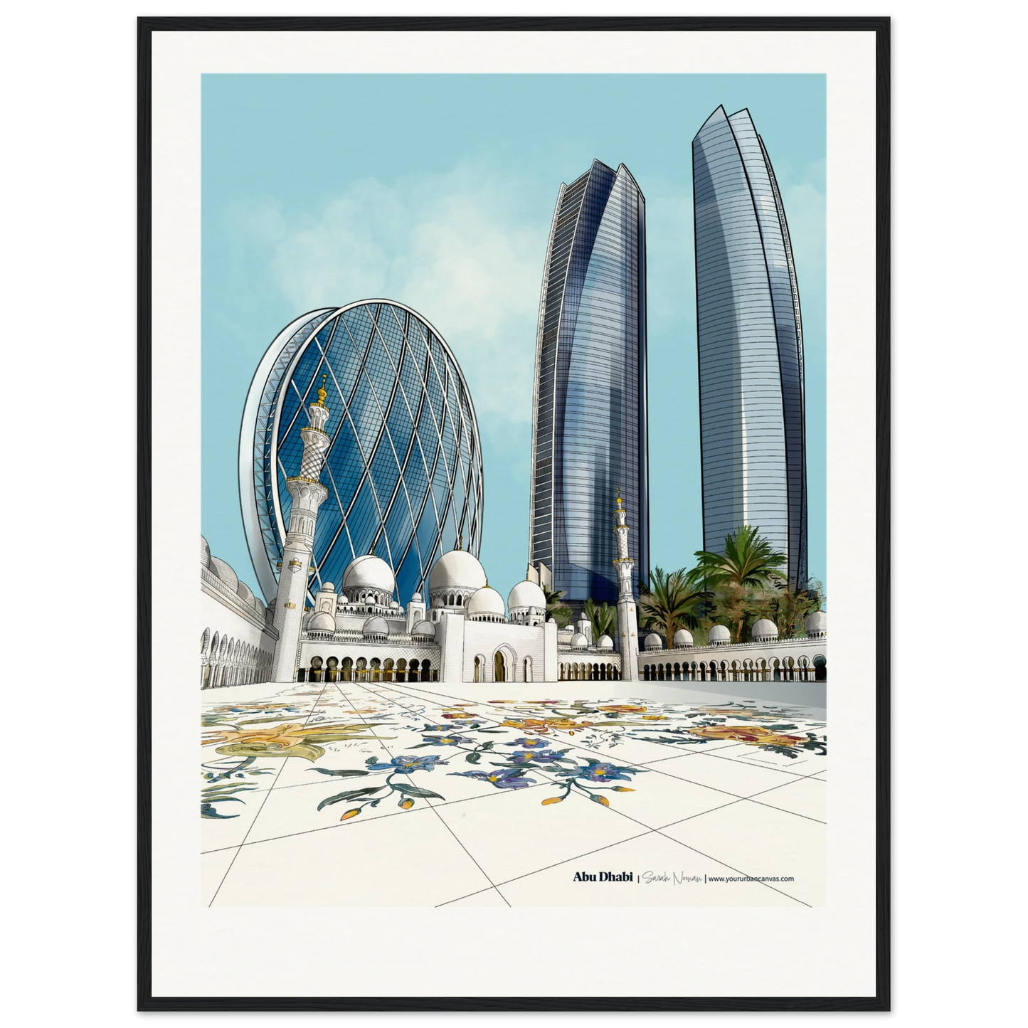 Abu Dhabi - Detailed architecturally focused Abu Dhabi Print - add your own message to make a special gift, 60x80cmm with black frame - Sheikh Zayed Mosque, Aldar HQ, and Etihad Towers - skyline wall art by Your Urban Canvas