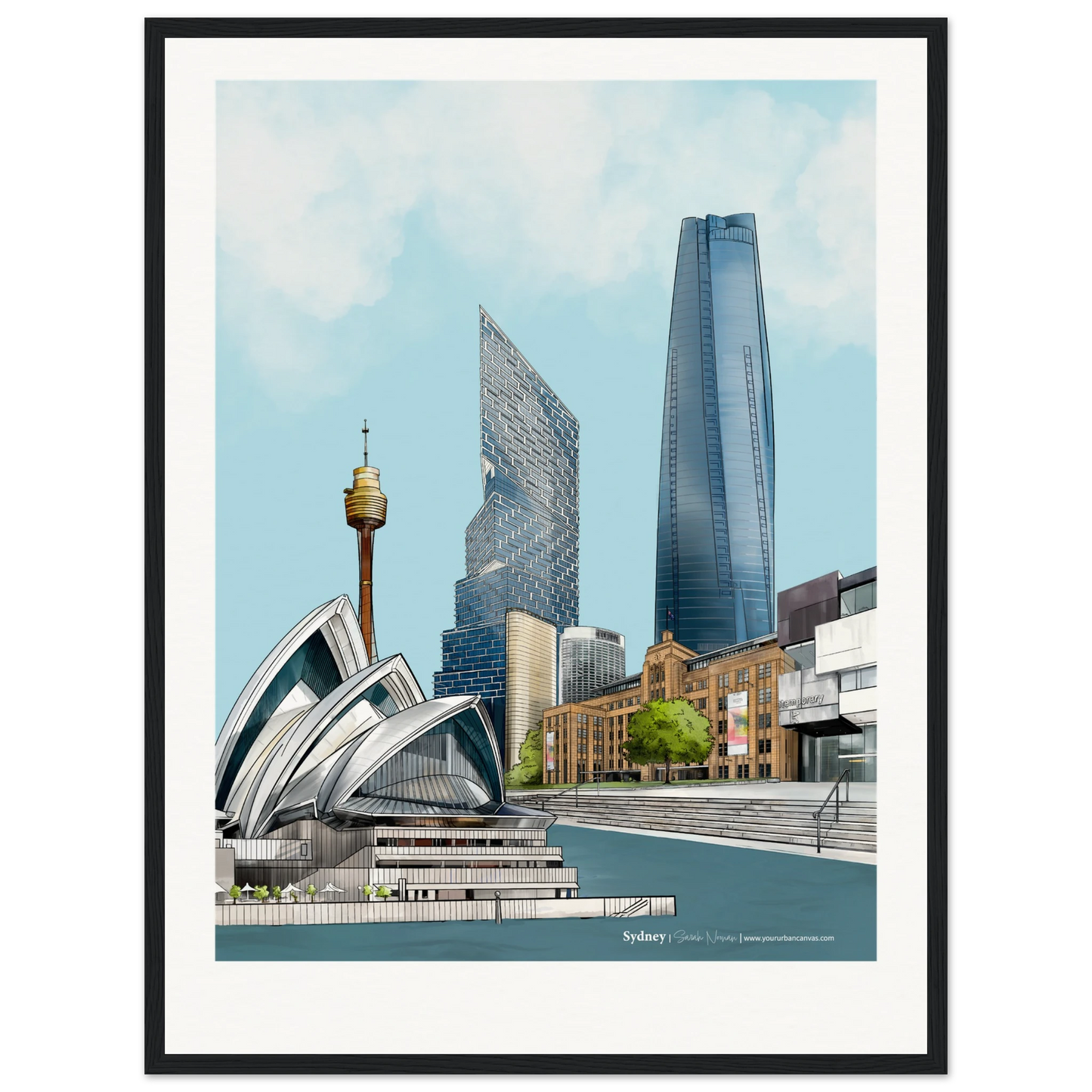 Personalise this Sydney masterpiece, size 45x60cm, framed in black, emphasizing the beauty of Sydney's landmarks like the Opera House and the Sydney Tower Eye.