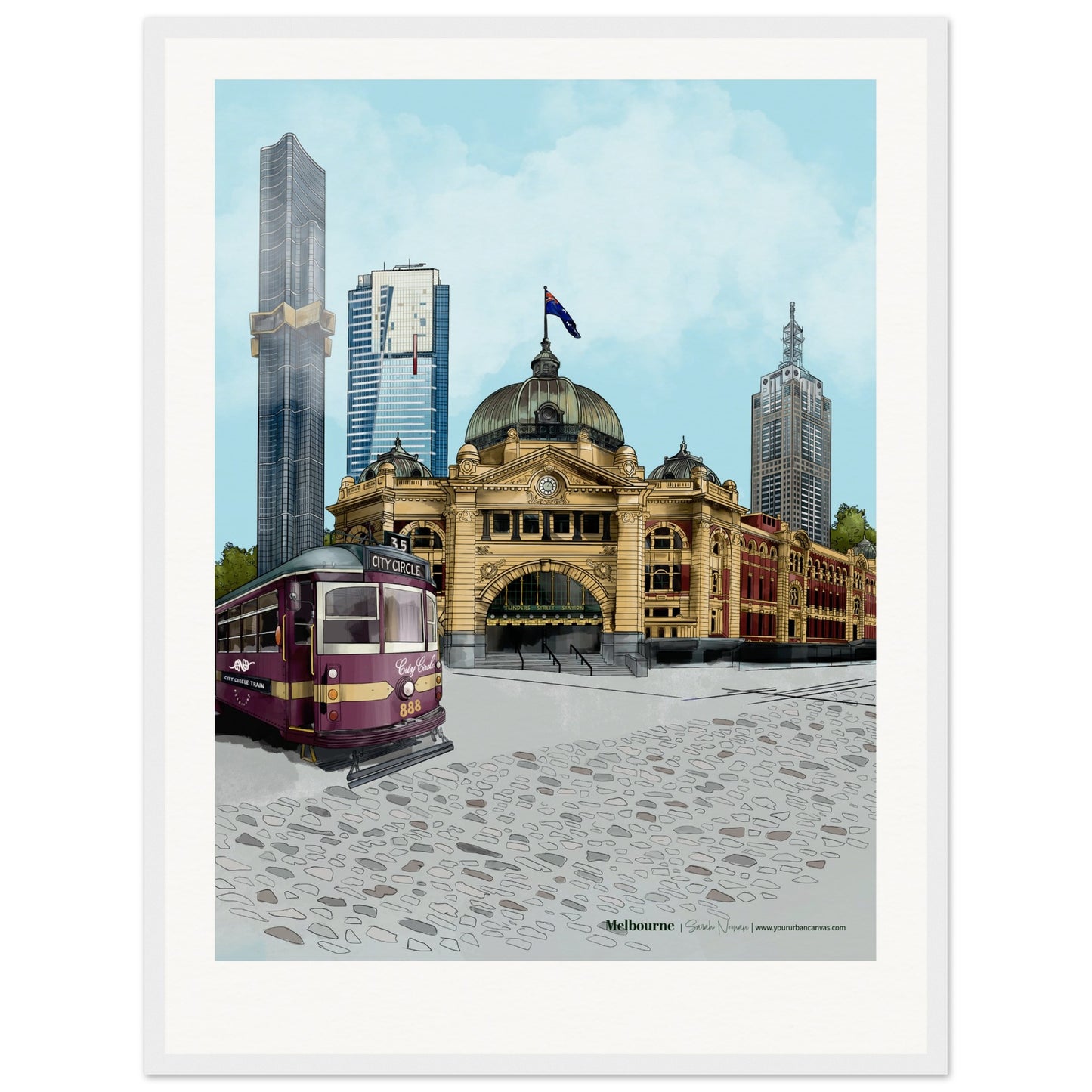 Melbourne - Personalised Subtle Title print, size 45x60cm, framed in white, showcasing Melbourne's mix of heritage and modern architecture with your personalised detail.