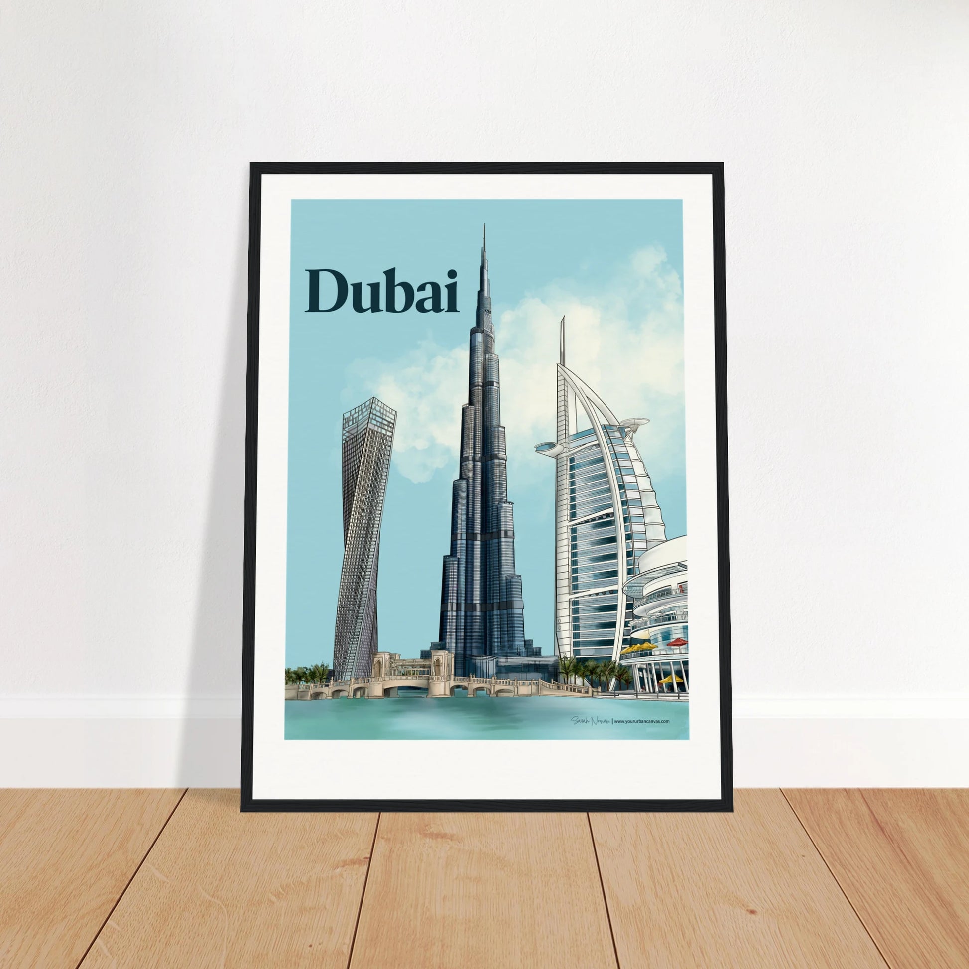 Dubai - Bold Typography city print,45x60cm with black frame - featuring Burj Khalifa, Burj Al Arab, Cayan Tower, and Dubai Mall in bold tones, perfect for contemporary wall decor.