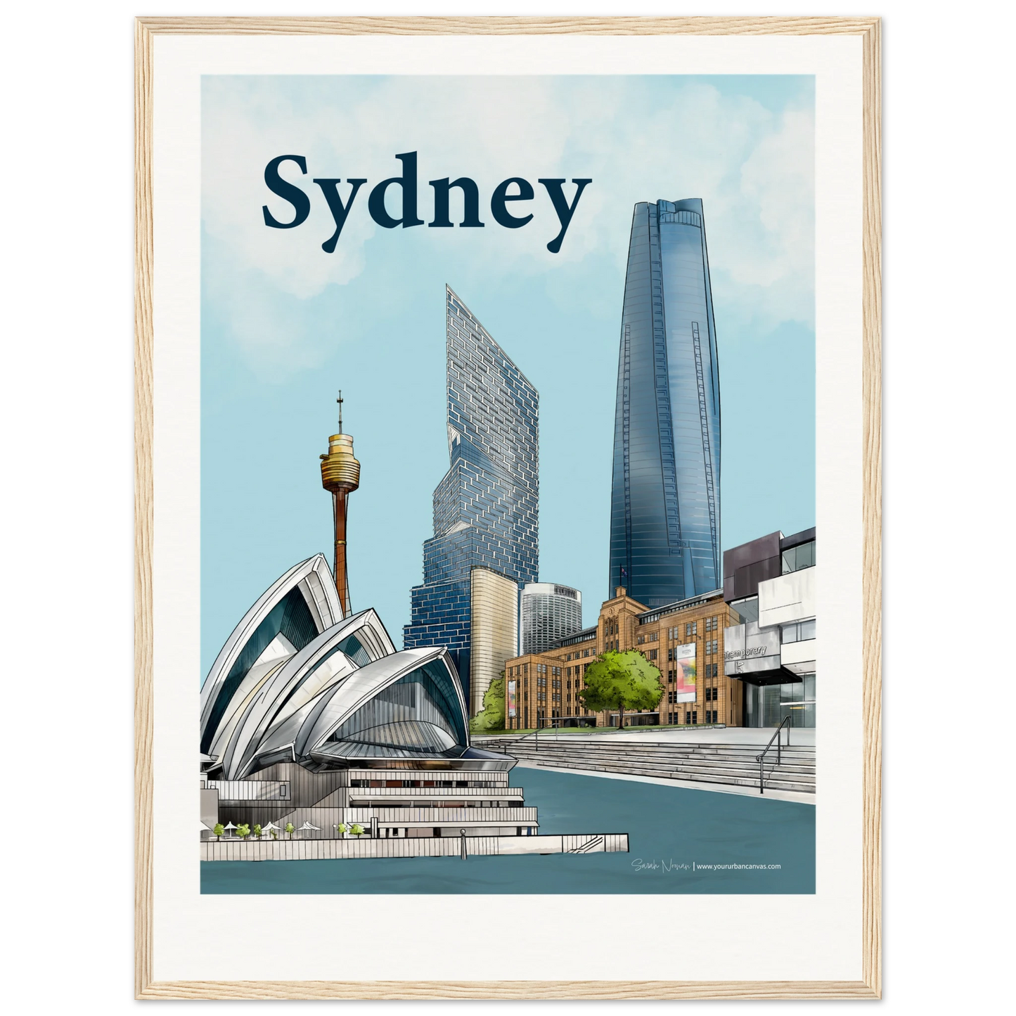 Customise Your Sydney Bold Typography print, size 45x60cm, framed in natural wood, featuring the Opera House, MCA, Sydney Harbour, One Barangaroo, and other iconic buildings.