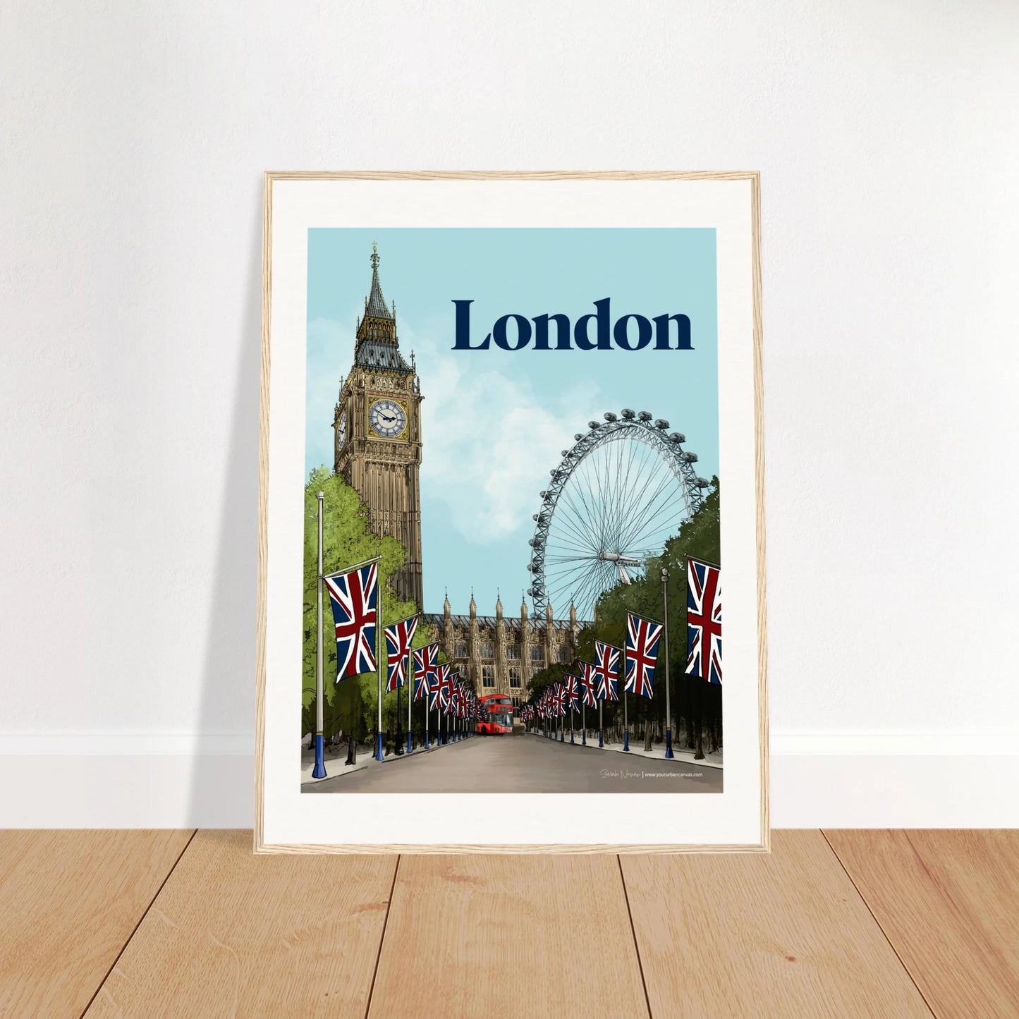 London - Bold Typography print, size 60x80cm, framed in natural wood, intricate painting of the London Eye, Westminster and of Buckingham Palace's tree-lined Mall. 