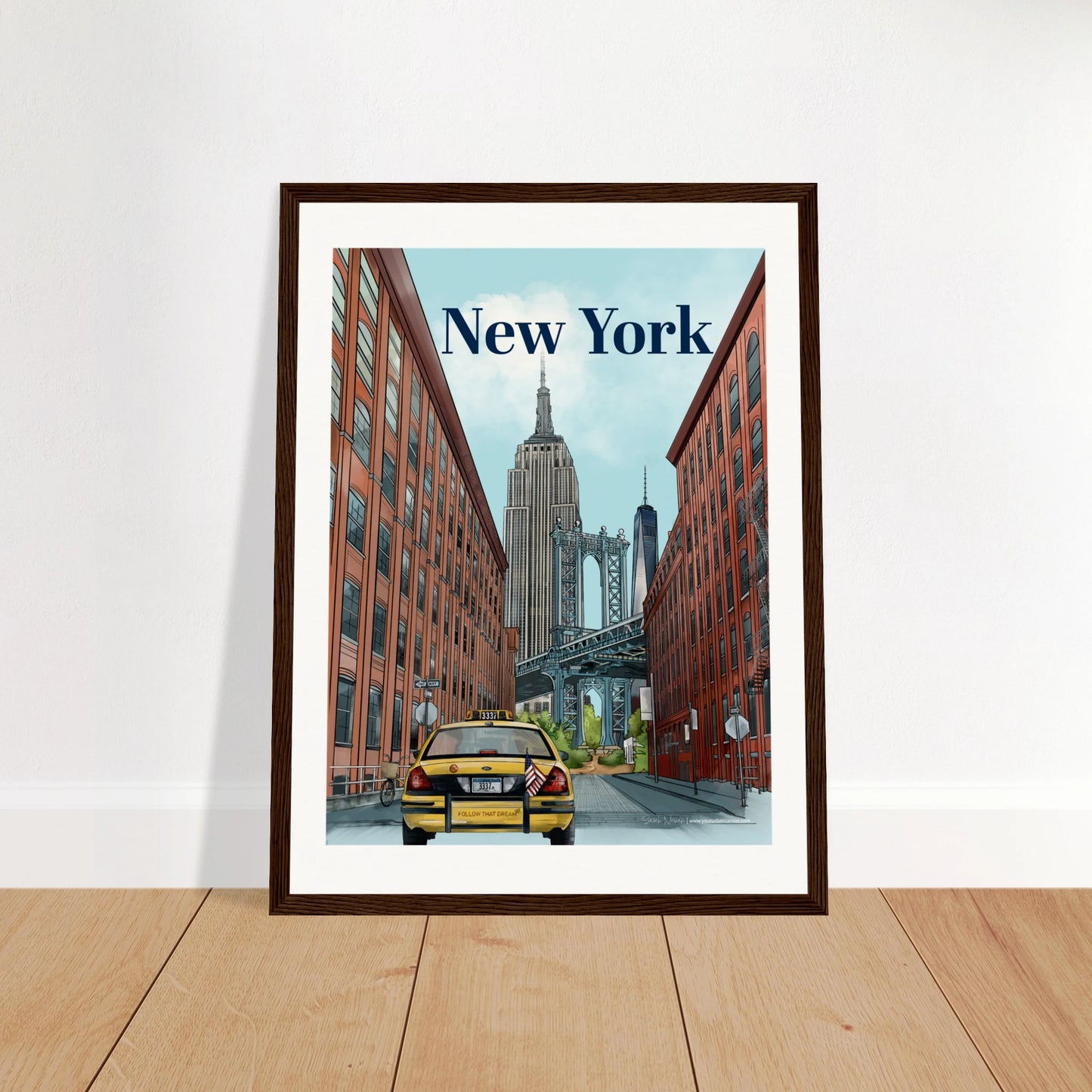 New York - Bold Typography print, size 30x40cm, framed in dark wood, showcasing the Manhattan Bridge view from Dumbo, with the Empire State Building, One World Trade Center, a yellow taxi, and iconic street signs.