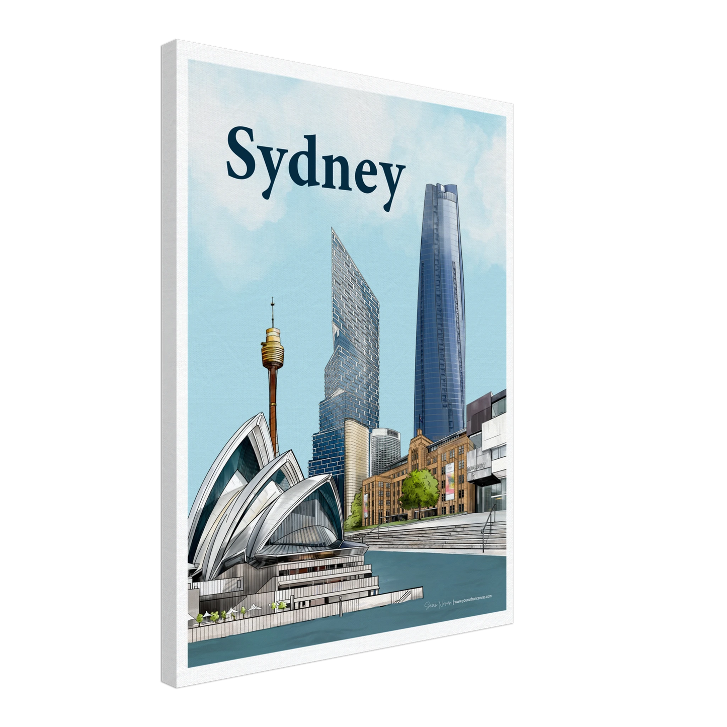 Sydney - Bold Typography canvas, size 45x60cm, displaying a vibrant Sydney skyline with the Opera House, MCA, and Harbour.
