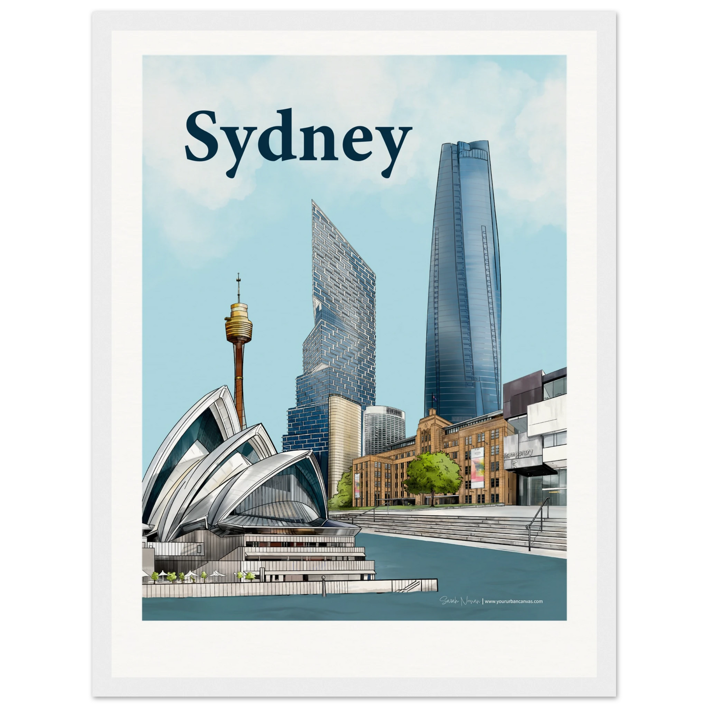 Personalise Your Sydney Gift - Bold Typography print, size 30x40cm, framed in white wood, capturing the energy of Sydney with the Opera House, MCA, Harbour, One Barangaroo, Quay Quarter Tower, and Sydney Tower Eye.