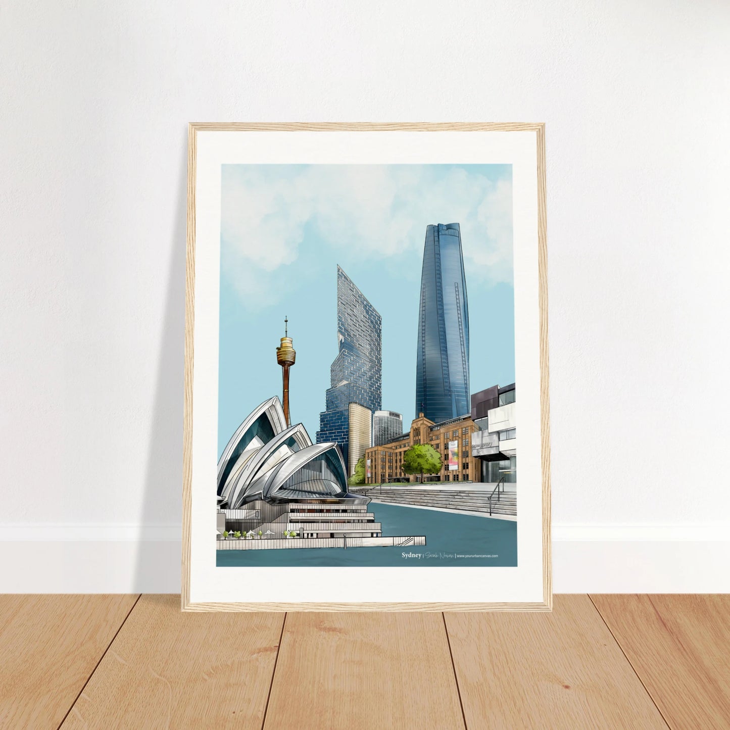 Sydney - Subtle Title print, size 45x60cm, framed in wood, capturing the elegance of Sydney's architecture with One Barangaroo and the Sydney Opera House.