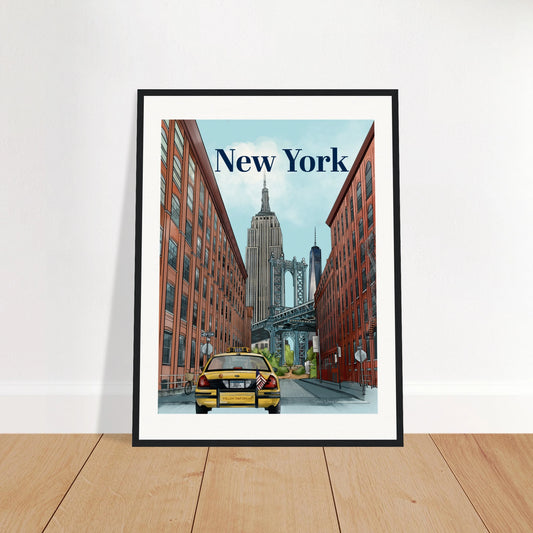 New York - Bold Typography print, size 45x60cm, framed in black wood, featuring a dynamic cityscape with the Dumbo Manhattan Bridge, iconic skyscrapers, a yellow cab, and vibrant street signage
