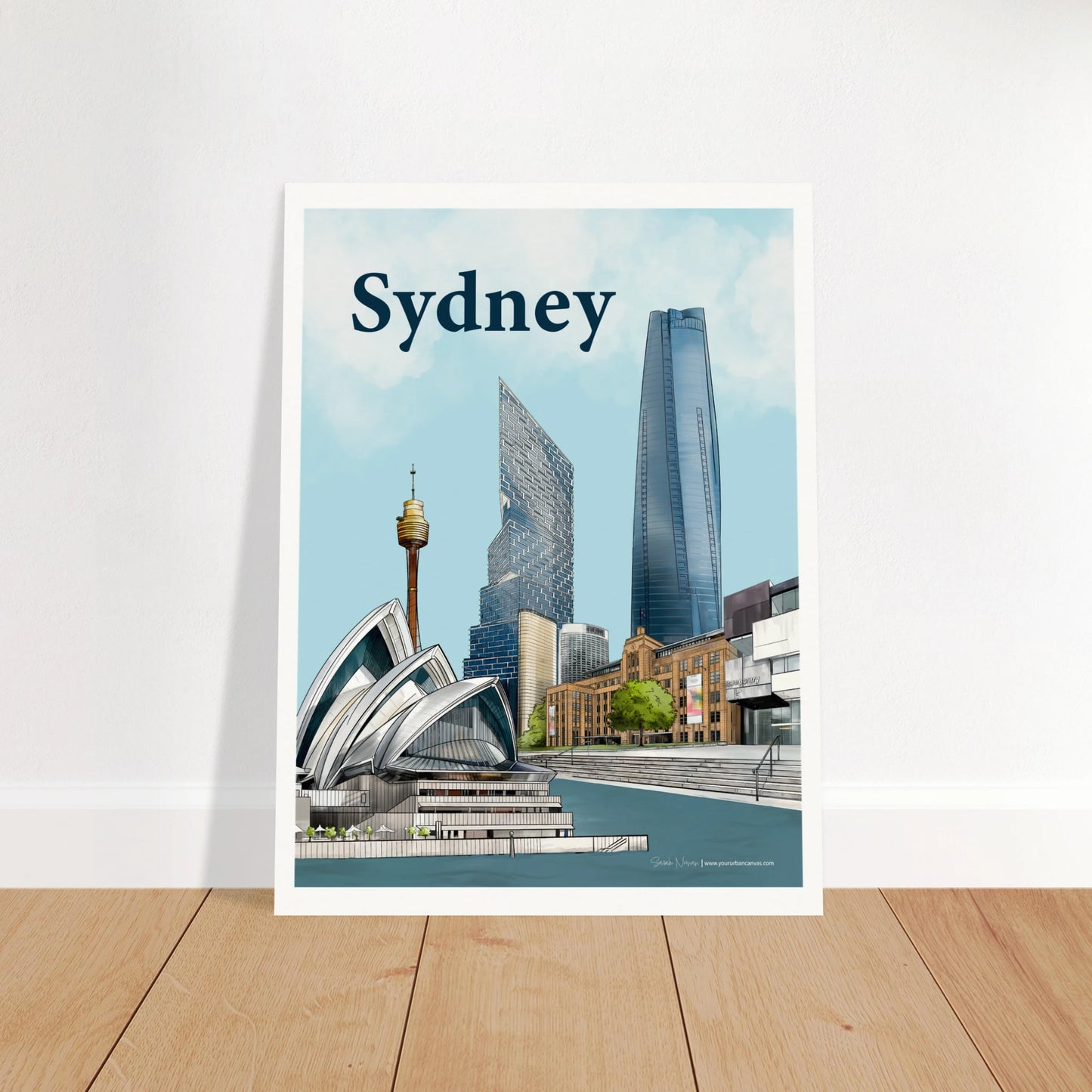 Sydney - Bold Typography print, size 30x40cm, featuring the iconic Sydney Opera House, MCA, Sydney Harbour, One Barangaroo, Quay Quarter Tower, and Sydney Tower Eye in a vibrant cityscape.