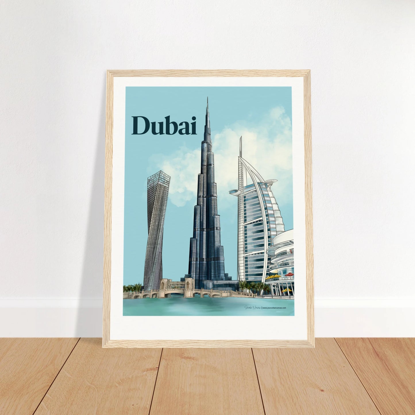 Dubai - Bold Typography city print, 30x40cm with natural wood frame - vibrant depiction of Burj Khalifa, Burj Al Arab, Cayan Tower, and Dubai Mall. Adds warmth and bold elegance to any wall.