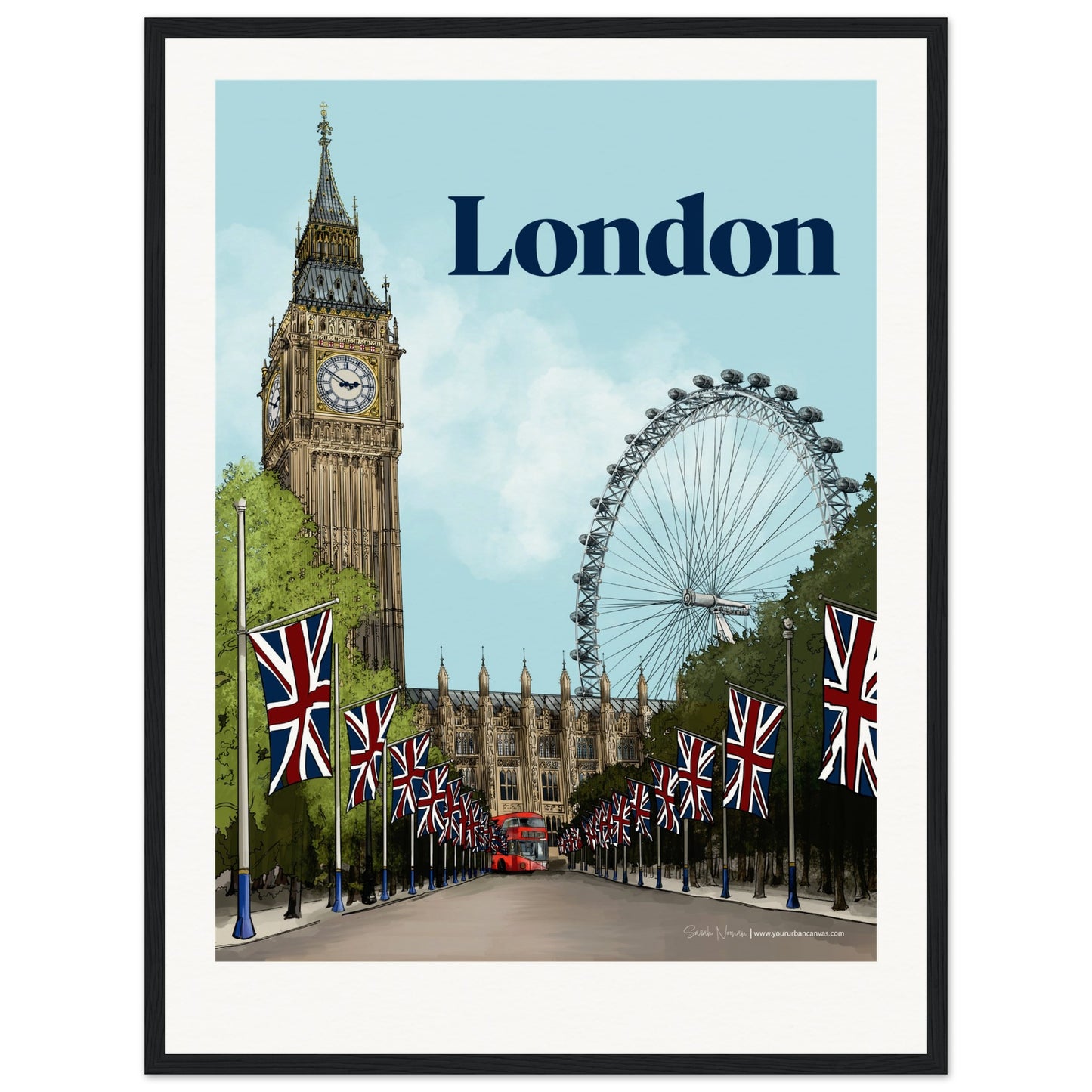 London - Personalised Bold Typography print, size 45x60cm, framed in black, enhancing the personalized details in London's iconic landmarks.