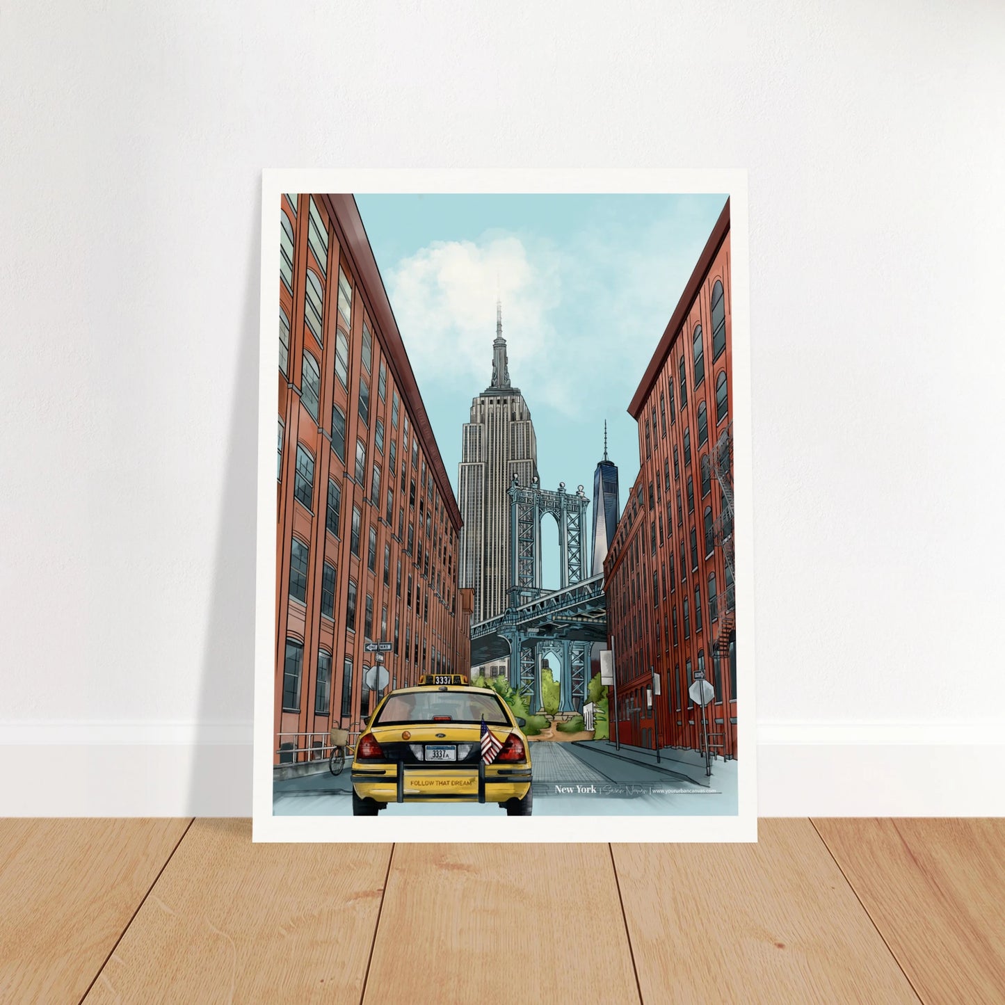 New York - Subtle Title print showcasing a refined cityscape with the Manhattan Bridge from Dumbo, Empire State Building, and iconic yellow cab.