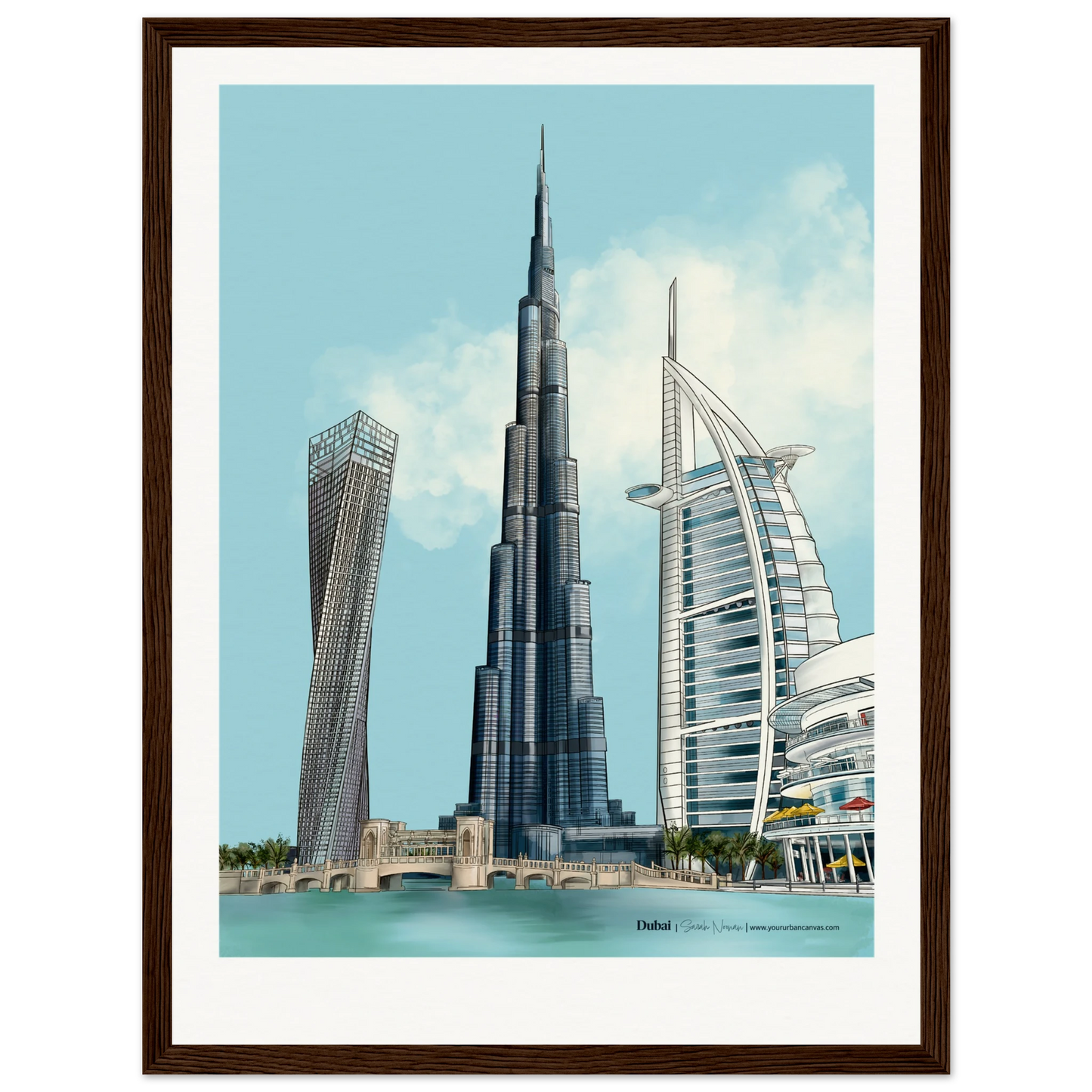 Personalised Dubai subtle typography city print, 30x40cm with dark wood frame - gentle architectural detailing of Dubai's skyline, including Burj Khalifa and Burj Al Arab, paired with custom wording for a timeless, elegant wall art piece.