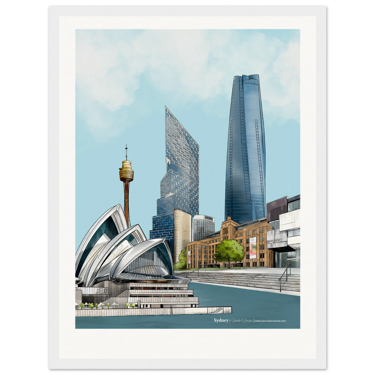 Customise your Sydney print, size 30x40cm, framed in white, highlighting landmarks like the MCA, One Barangaroo, and the iconic Sydney Opera House.