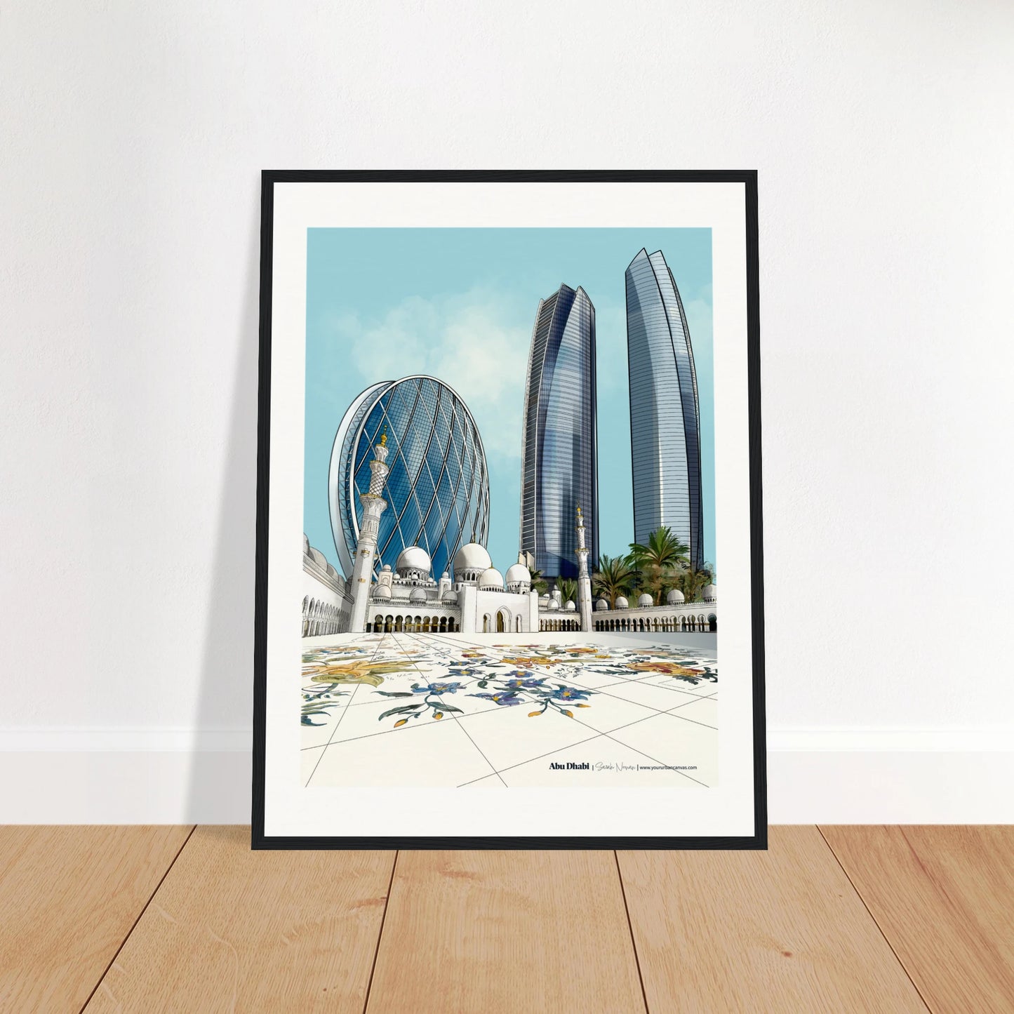 Abu Dhabi - Elegant Subtle Titled city print, 45x60cm with black frame - Sheikh Zayed Mosque, Aldar HQ, and Etihad Towers - skyline wall art by Your Urban Canvas