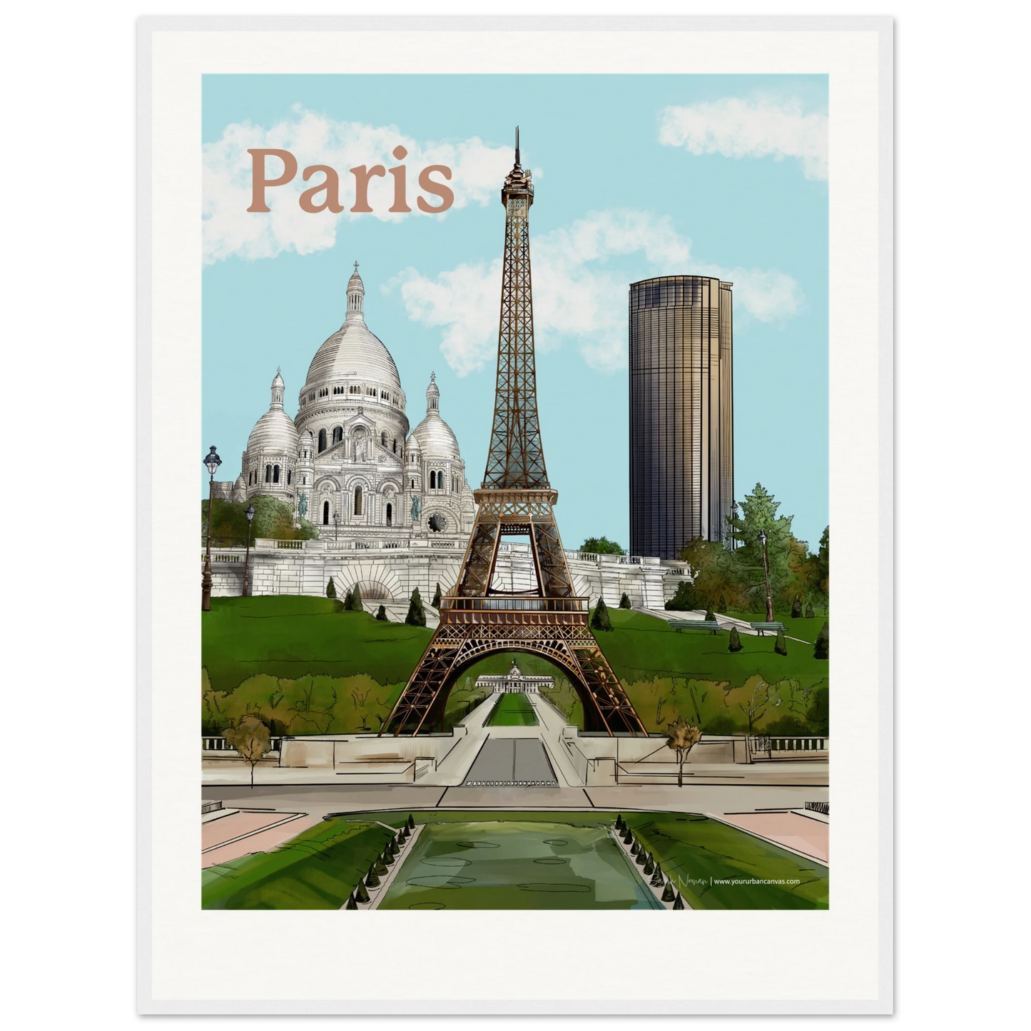 Paris - Customise your Bold Typography city print, 60x80cm,  with white frame - showcasing the prominent structure and beams of the Eiffel Tower, the historical Sacre-Coeur, and the modern Tour Montparnasse. Perfect for brightening walls with Parisian elegance.