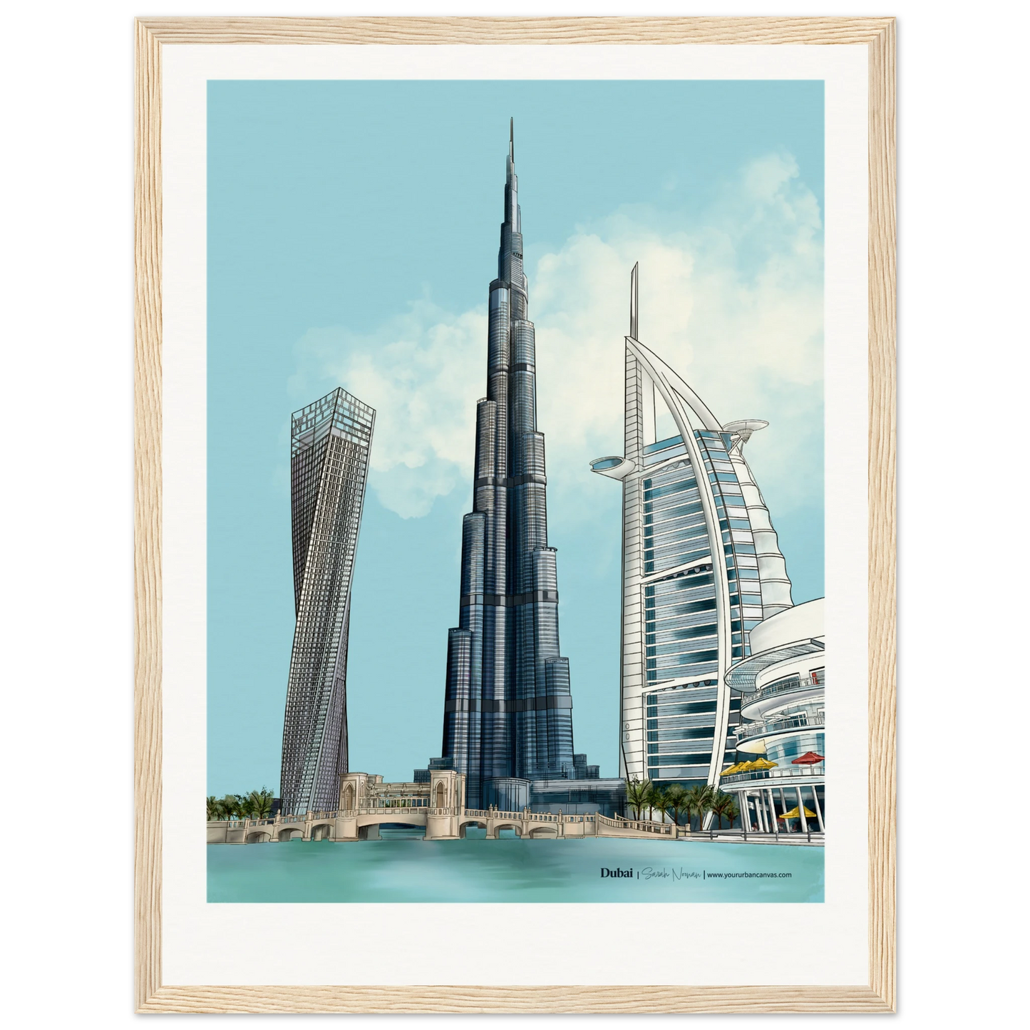 Personalised Dubai subtle typography city print, 30x40cm with natural wood frame - a softly illustrated Dubai skyline featuring Burj Khalifa, Burj Al Arab, and Cayan Tower, personalised to add warmth and quiet elegance to your space
