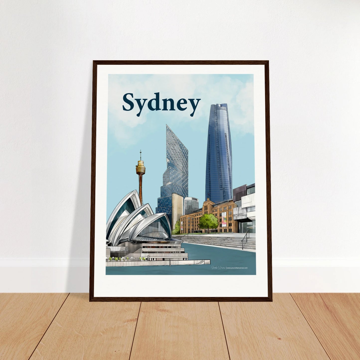 Sydney - Bold Typography print, size 45x60cm, framed in dark wood, showcasing the Opera House, MCA, Sydney Harbour, and modern landmarks like One Barangaroo and Quay Quarter Tower.