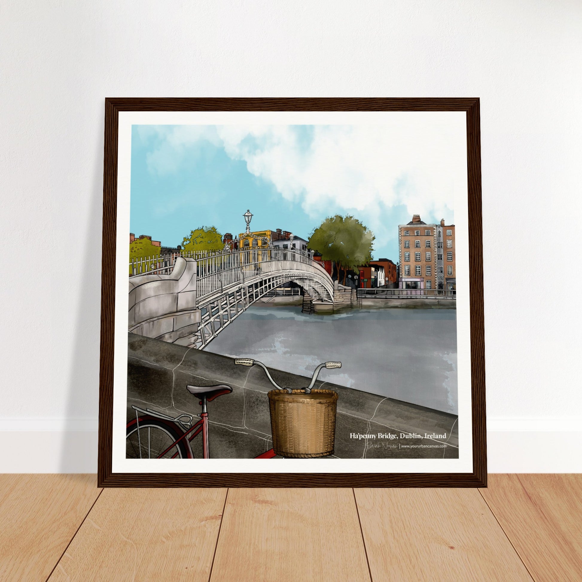 30x30cm framed Ha'penny Bridge Dublin print in a dark wood frame. This Irish landmark artwork brings heritage and architecture into your space. Dublin wall art for classic interiors.