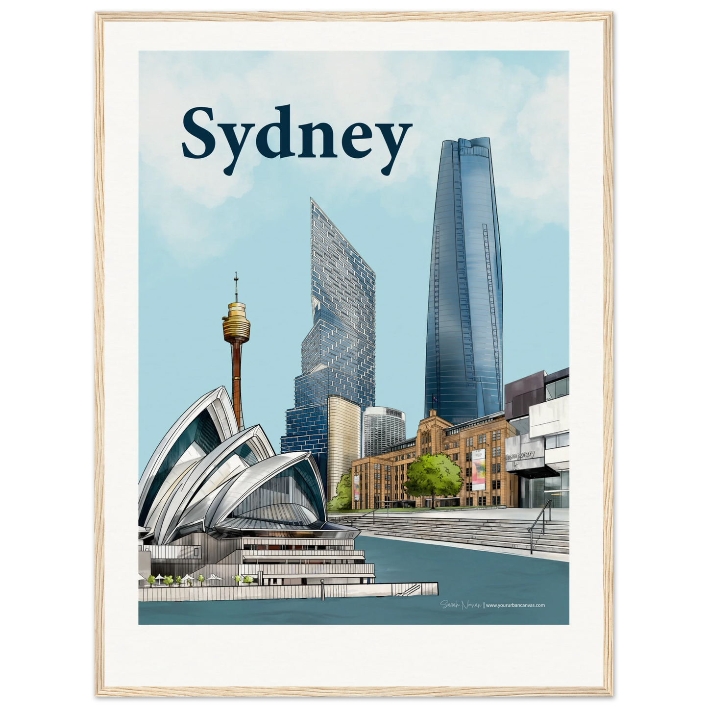 Personalise Your Bold Typography Sydney print, size 60x80cm, framed in natural wood, displaying a stunning Sydney cityscape with the Opera House, MCA, and modern skyline.